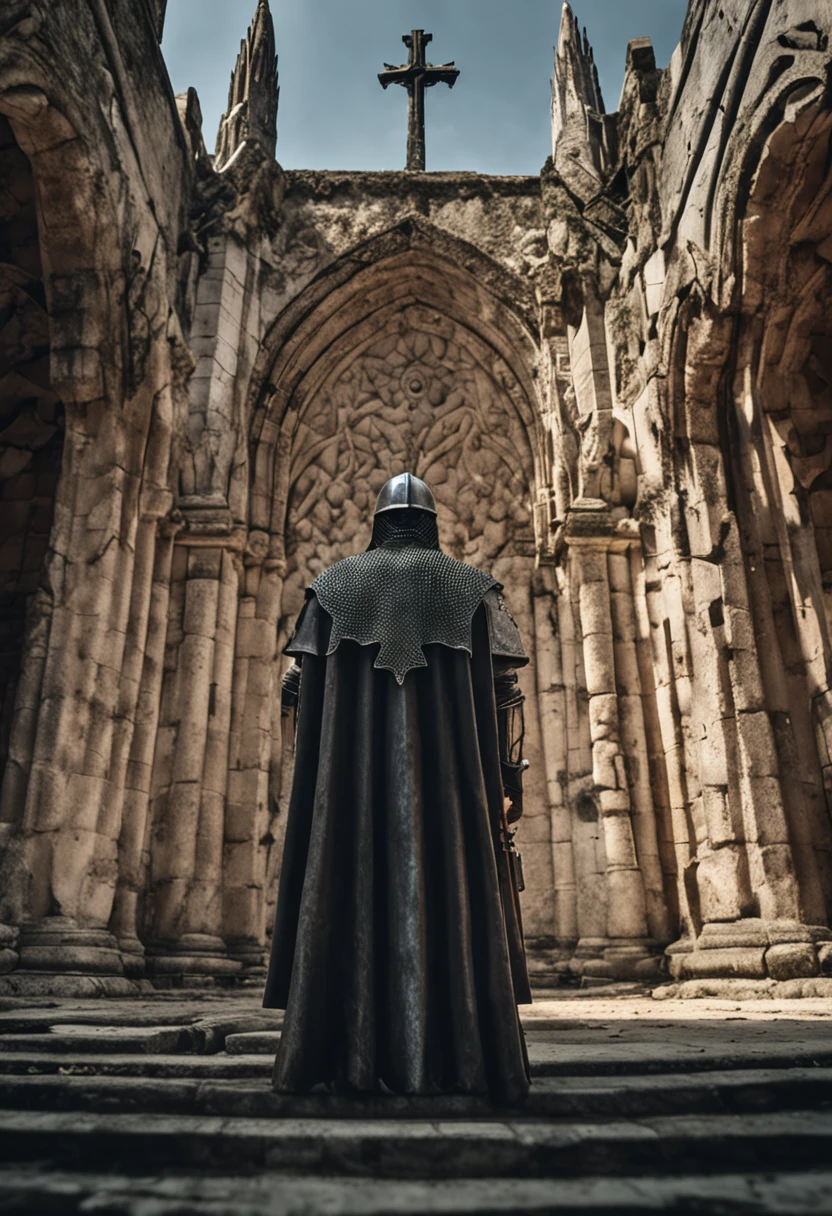 Templar warrior in front of the cross, campo de batalha ao fundo, mouro, sem capacete, armadura sangrenta, epics, 8k, olhos fixo, extremamente realista