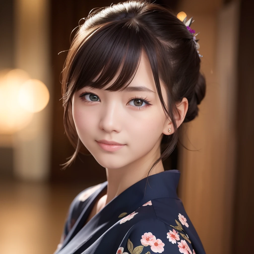 masterpiece、top-quality、the Extremely Detailed CG Unity 8K Wallpapers、Raw photo、(Photorealsitic: 1.4)、Photos taken from a very long distance、ultra-detailliert、hight resolution、finely detail、natural soft light、独奏、(1girl in:1.4 )、Brown hair:1.4、Bun hairstyle、hair adornments、 (real looking skin:1.2)、Beautiful Girl Beautiful Details、extremely detailed eye and face、ultra detailed and beautiful、A smile:1.2、Black eyes、with floral pattern、navy blue yukata、full body photographed、blurry backround、nighttime scene