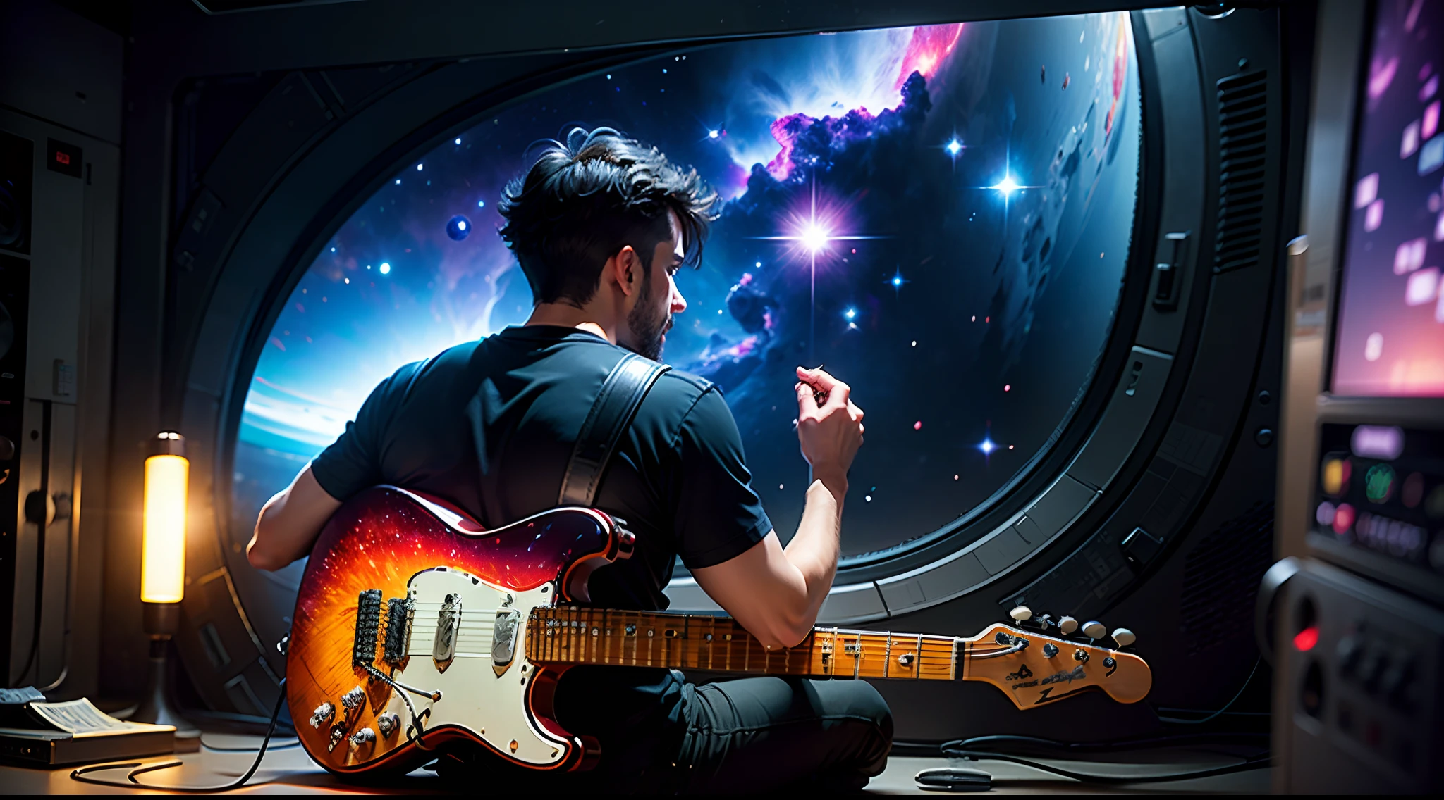 guy playing electric guitar, Galaxy, Universe, open world, sparks, fire, 8k, ultrasharp, background, wallpaper, epic, wearing black shirt, black short hairs, white guitar, sitting backside to viewer on planetoid, looking at big nebula in front of him, guitar in front of person, sitting on the left side of picture,