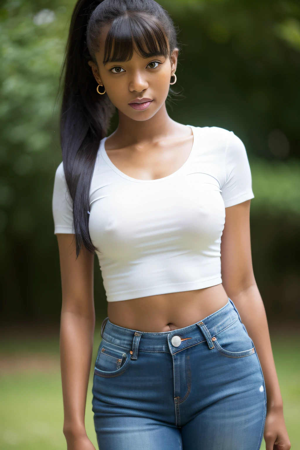 best quality, high detail, (detailed face), detailed eyes,((best quality, masterpiece)), ((1 caramel skinned African girl)), white t-shirt, short sleeves, navel, stomach, jeans, crop top, large butt, (arms at side:1.2), groin, large hip bones, ponytail, blunt bangs, black hair, underboob, straight-on, standing, outdoors, looking at viewer,