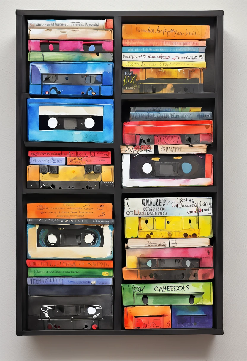 design professional photography,flat black background, shelf with cassettes and vinyl discs ((black background))  capture the spirit of music multi-colored covers