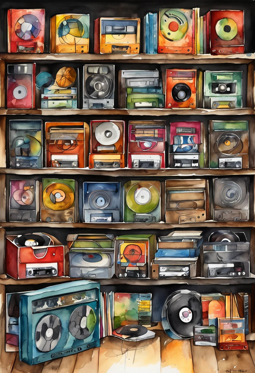 design professional photography,flat black background, shelf with cassettes and vinyl discs ((black background))  capture the spirit of music multi-colored covers