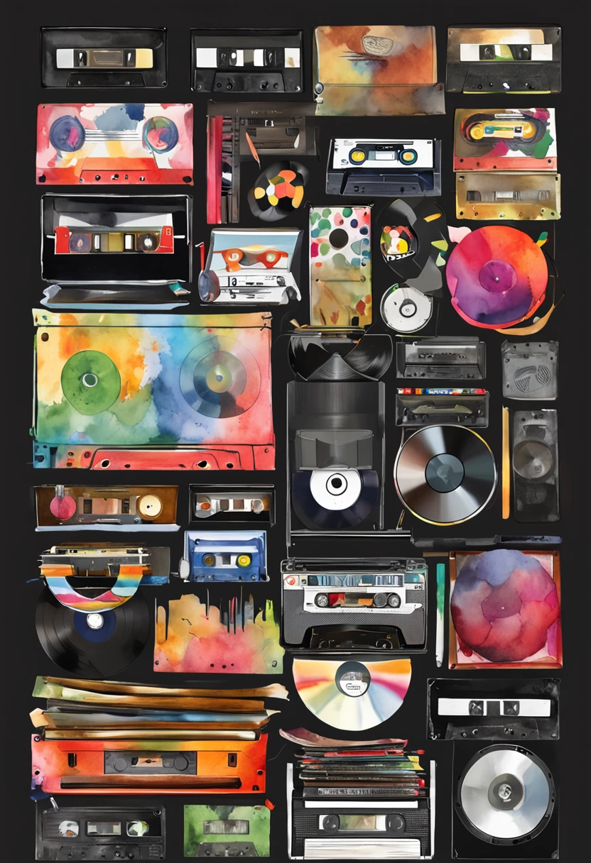 design professional photography,flat black background, shelf with cassettes and vinyl discs ((black background))  capture the spirit of music multi-colored covers