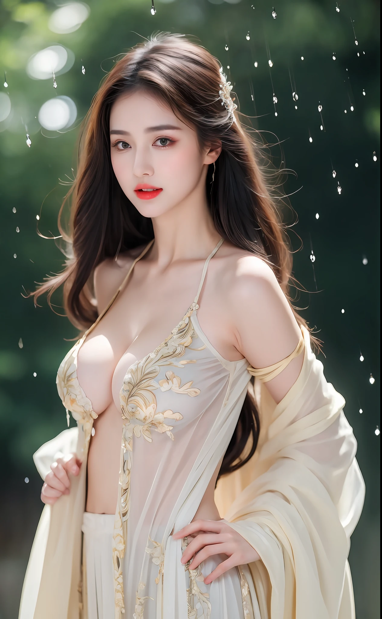 ((Best Quality, 8k, Masterpiece: 1.3)), Focus: 1.2, Perfect Body Beauty: 1.4, Buttocks: 1.2, ((Layered Haircut)), (Wet Clothes: 1.1), (Rain, Street:1.3), (Breasts: 1.2), (Hanfu: 1.2), Bare Shoulders, Bare Legs, Highly Detailed Face and Skin Texture, Fine Eyes, Double Eyelids, Whitened Skin, Long Hair, (Shut Up: 1.5), (Bokeh Background: 1.5), Big Breasts