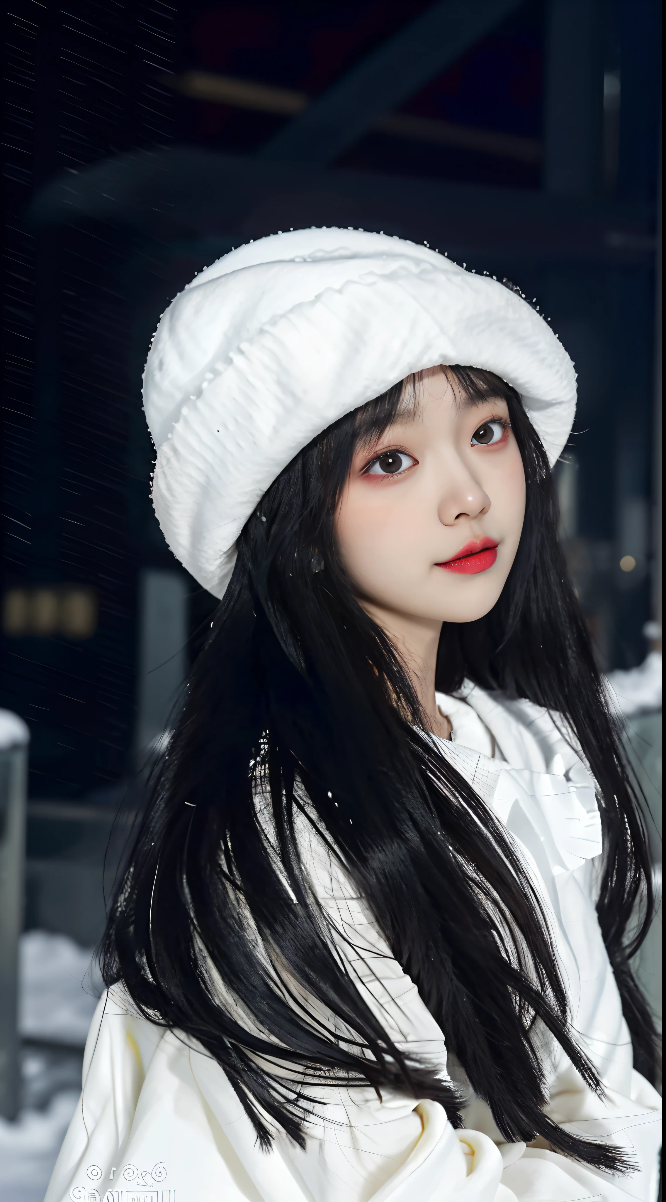 Arakfi girl with long black hair wearing a white hat, ulzzangs, Shin Jinying, lalisa manobal, pale snow-white skin, tzuyu from twice, in snow, lalisa manoban of blackpink, personal profile picture, wan adorable korean face, jaeyeon nam, She has black hair，By bangs