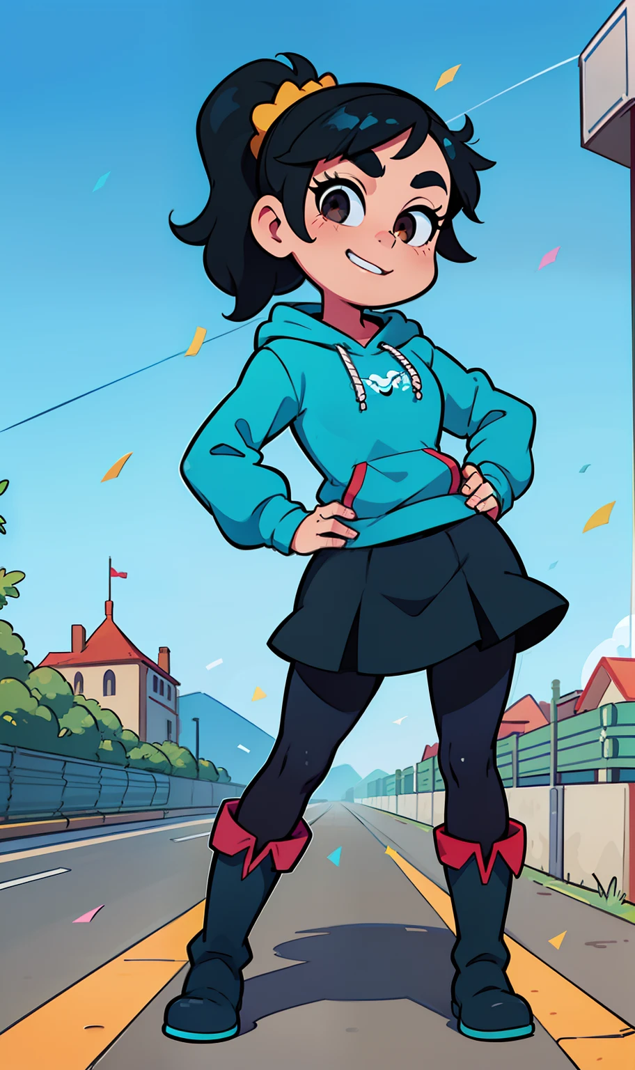 ((Pixar artstyle)), ((disney artstyle)), ((masterpiece)), ((high quality)), ((beautiful portrait)), ((full body)), ((boots visible)), ((beautiful background)), {vanellope von schweetz, black hair, (red scrunchy), short ponytail, candy in hair, cute brown eyes, adult woman, beautiful legs, curvaceous hips, smug smirk, white teeth}, {aqua-colored sweatshirt hoodie, black skirt, (striped pantyhose), black riding boots}, {(standing on road), (hands on hip), (looking at viewer)}, [Background: racetrack, confetti, blue sky, bright sun, sun rays]