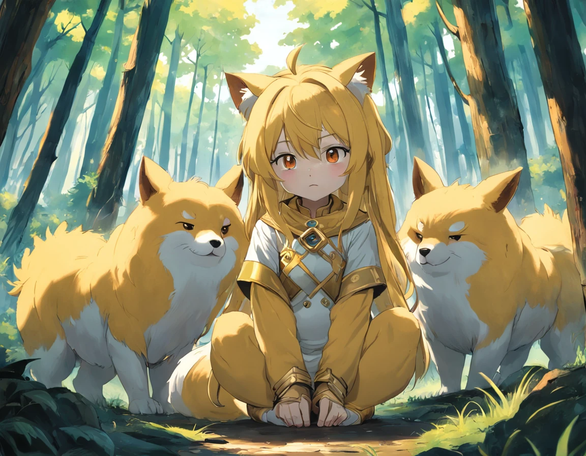 Mascota blanca y amarilla，It has the characteristics of the culture of eight uprisings，distinctive characteristics，cuerpo completo como，Rico en connotaciones，El fondo es bosque， With unique creativity and design，Features of the times Cute image，Gran afinidad y poder comunicativo Lindo animalito Peludo，Anime Big Breast，Contemporary art，UHD