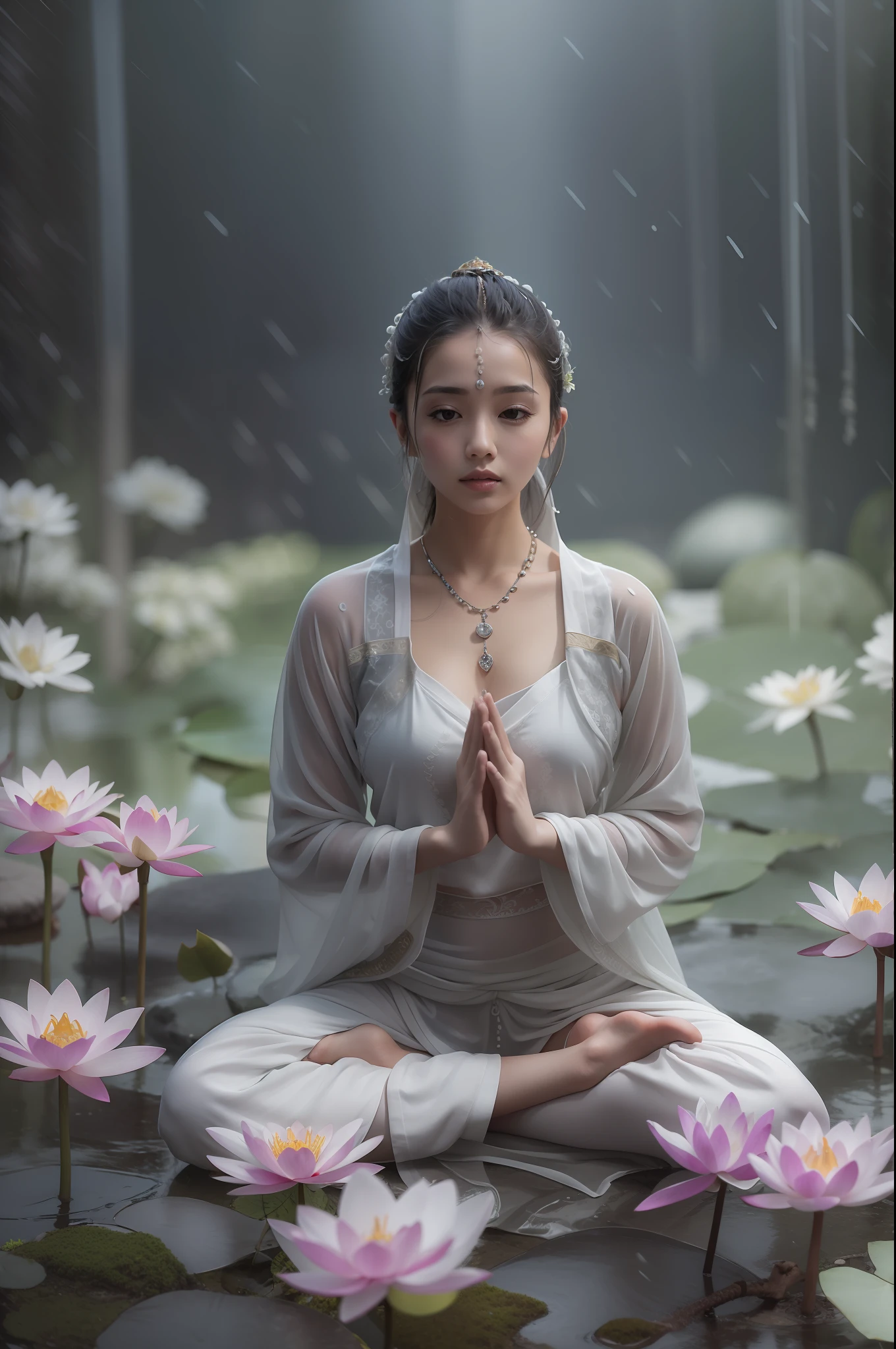 Zen beauty with full body doing yoga lotus sitting meditation in a rain of milky white mucus