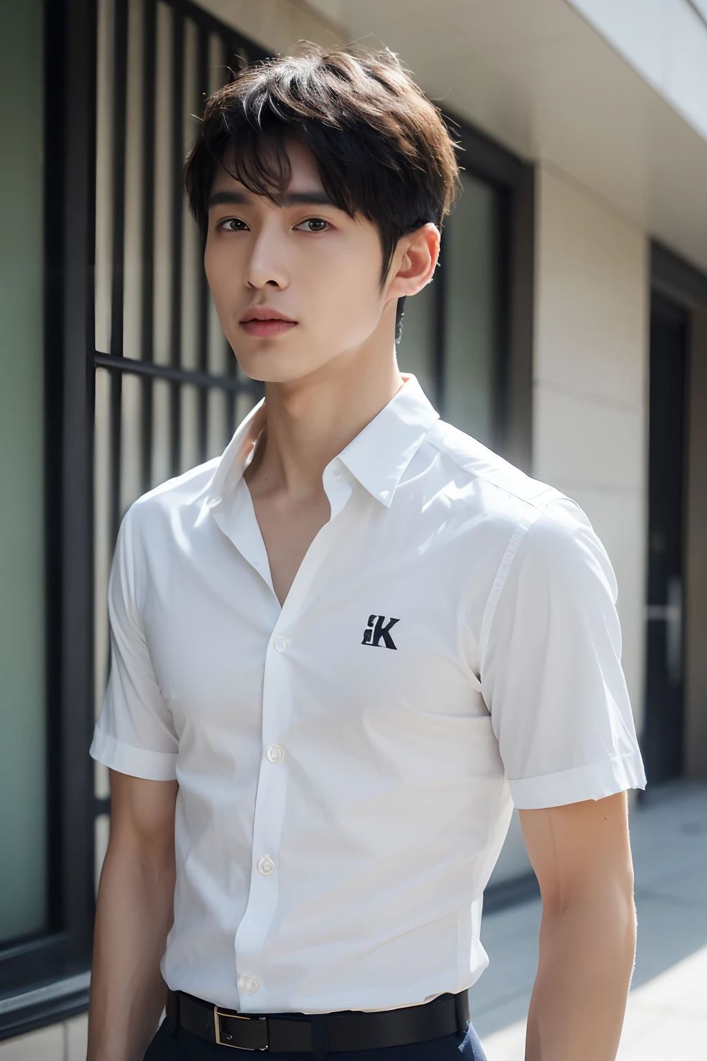 ( (8K:1.27), best qualtiy, tmasterpiece, 超高分辨率:1.2) Chinese man photo, young  male，Perfect face，perfect bodies，White shirt，Leaky abs，realskin