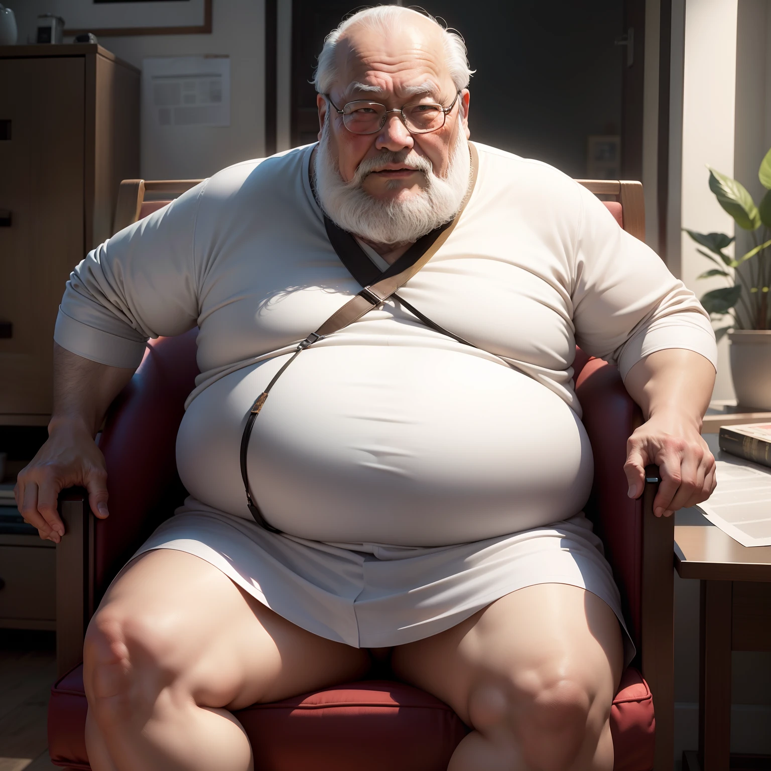 A Chinese grandfather,Fat old man with white beard,wearing reading glasses,Holding Erlang's legs,sit on chair,reading a newspaper,Cover your breasts,Naked,,,,