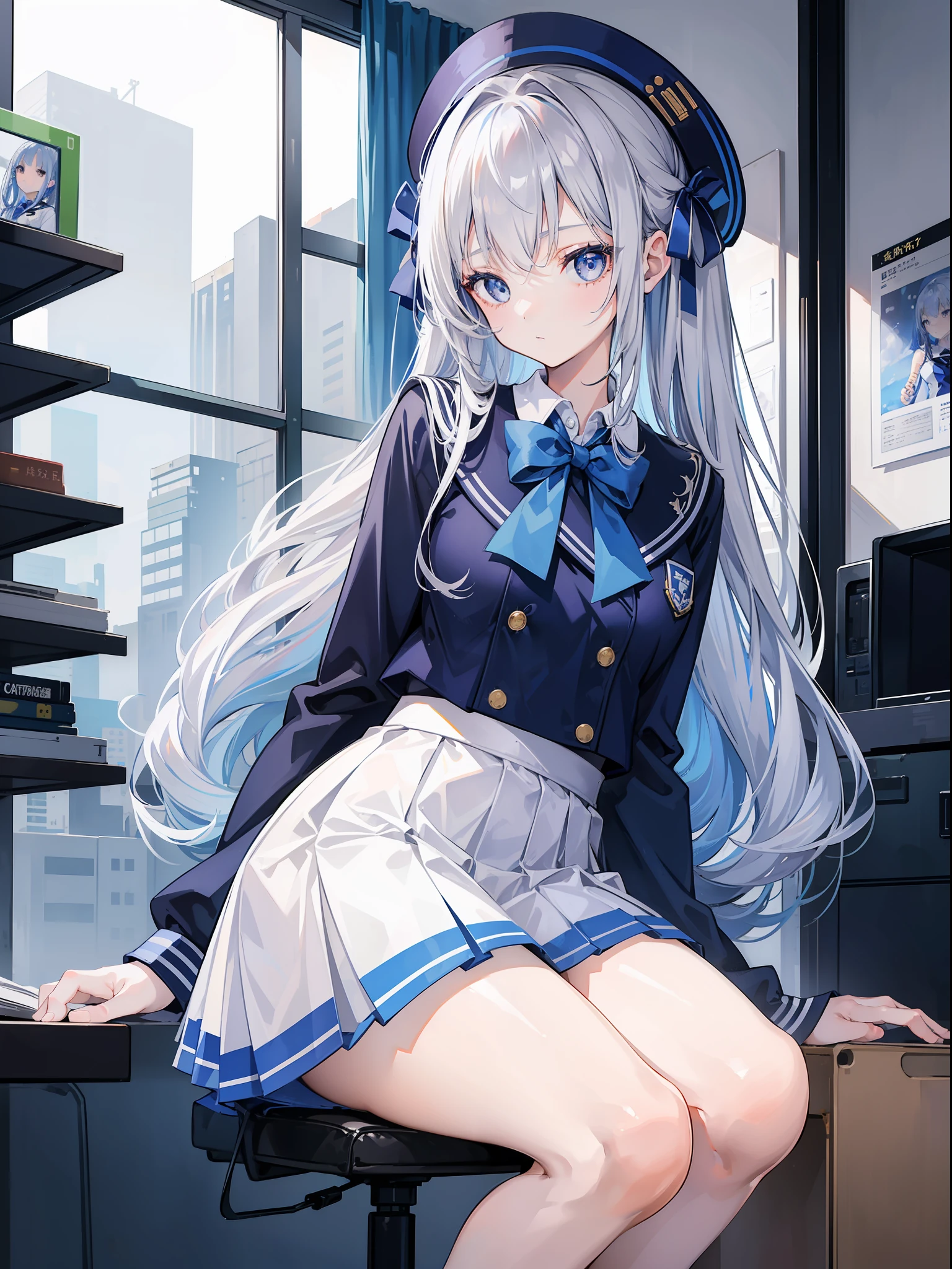 1girl, 164 cm height, tall girl, charismatic, 18 years old, navy colored hair, very long hair, white silver eyes, blue skirt, high school uniform, blue ribbon, sitting, butt form, back view, no looking, sit on chair, crouching, juicy