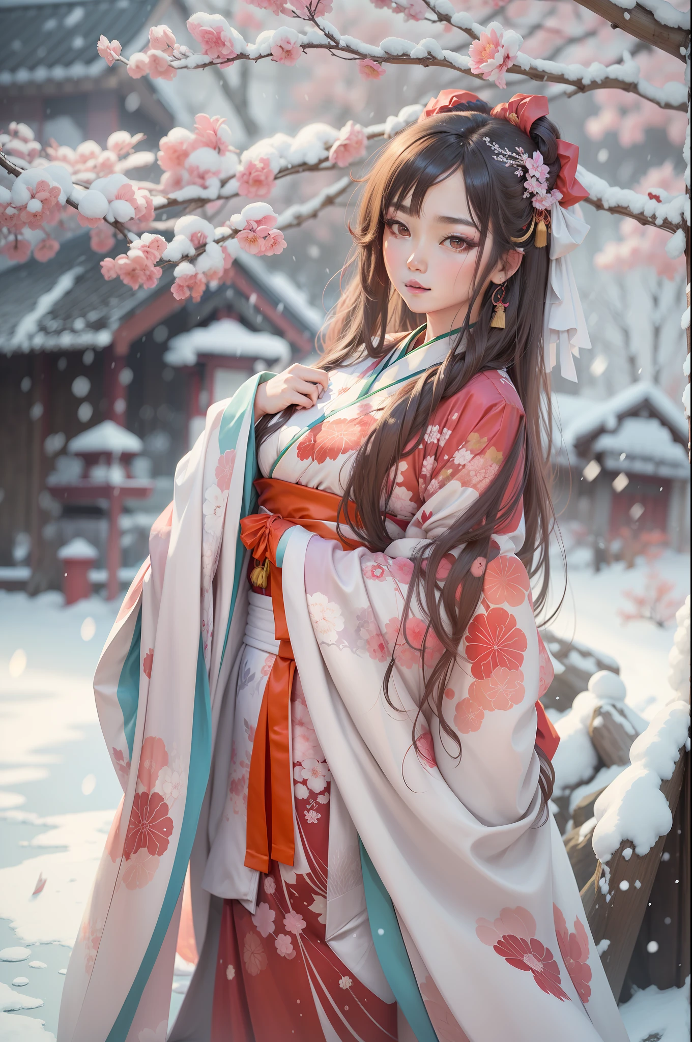 araffe asian woman in a kimono dress posing for a picture, In the snow ， A girl in a solid red Hanfu,  flowing hair and long robes, Anime girl cosplay, Traditional beauty, dressed with long fluent clothes, Beautiful anime girl, The upper part of the body, 鎖骨, whaite hair