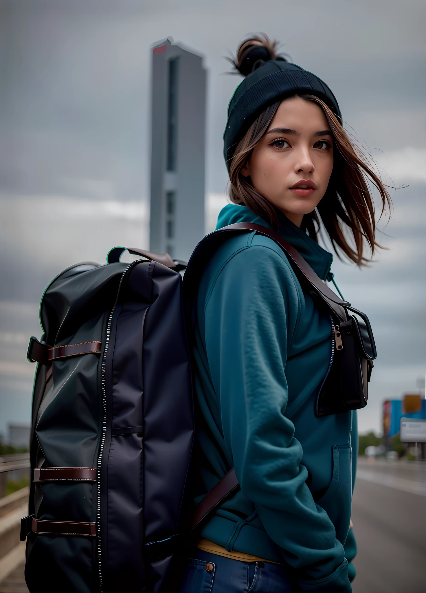 Beautiful woman with a backpack and a beanie in front of a building, com uma mochila, mochila, a mulher tem uma mochila, uma mulher usando uma mochila, uma mochila, mochila quadrada, Fotografia de uma mulher techwear, 2 mulheres techwear, saco, 🤬 🤮 💕 🎀, Tudo ao redor, nomad, fotografiarrealista, fotografia, obra-prima, realista, Realismo, renderizado, Alto contraste, Arte Digital, fotográficorealista, trend in Artstation 8k HD, high definiton, circunstanciado, Realistic, detalhada, textura da pele, hiperdetalhada, Textura realista da pele, melhor qualidade, ultra high-resolution, (fotografiarrealista: 1.4), alta resolução, detalhada, fotografia crua, sharp resolution, Nikon D850 filmes, fotografia de stock 4, Kodak Portra 400 Camera F1 Lens.6, textura hiper realista, lighting dramatic, Unrealistic trend in Artstation Cinestill 800, .RAW. Directed by: Lee Jeffries.