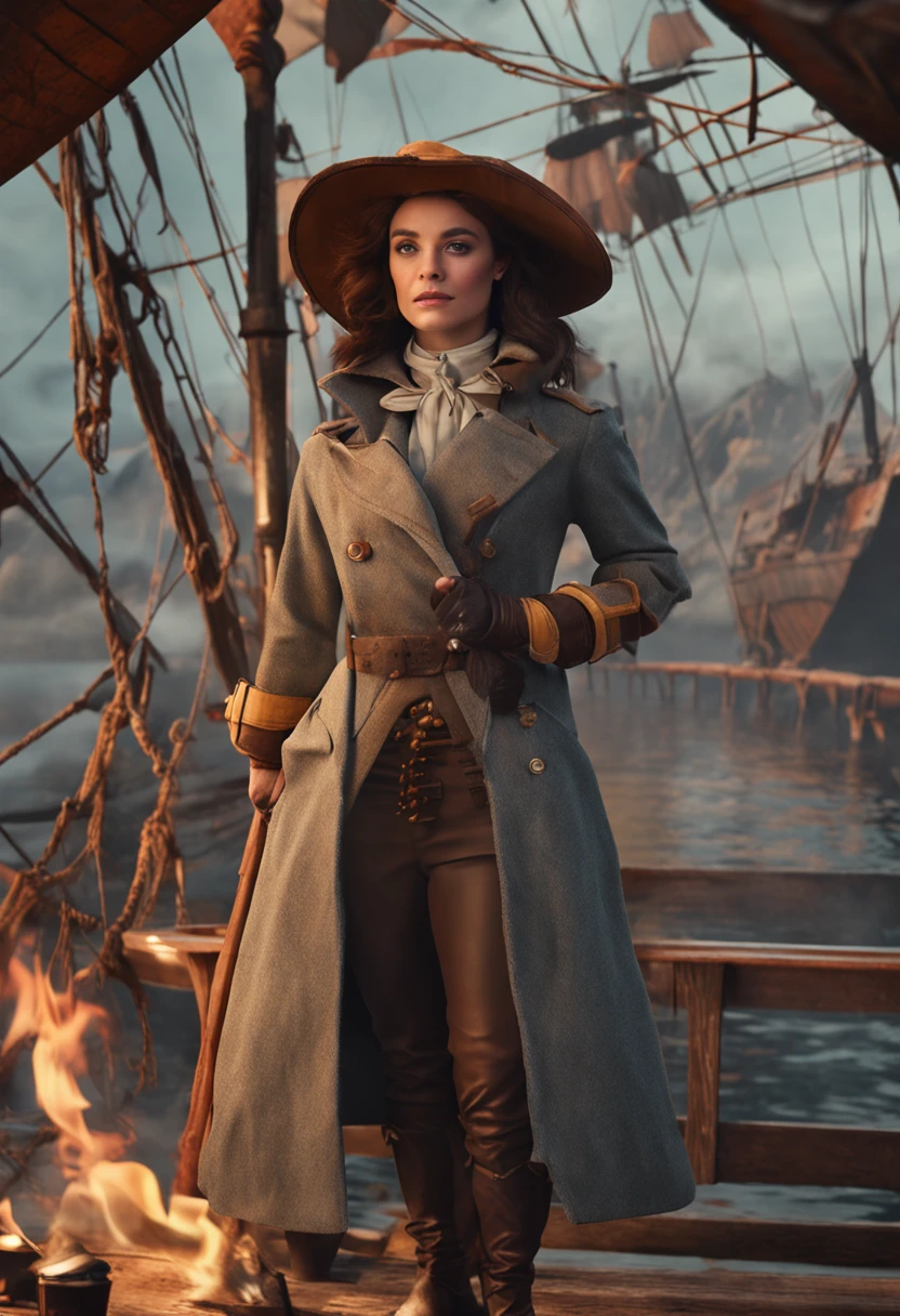 Woman with short brown hair,Wearing a gray trench coat,Take the fire hammer,With a triangular captain's hat,18th century,Stand at the bow of an ancient sailing ship,Two-dimensional painting style