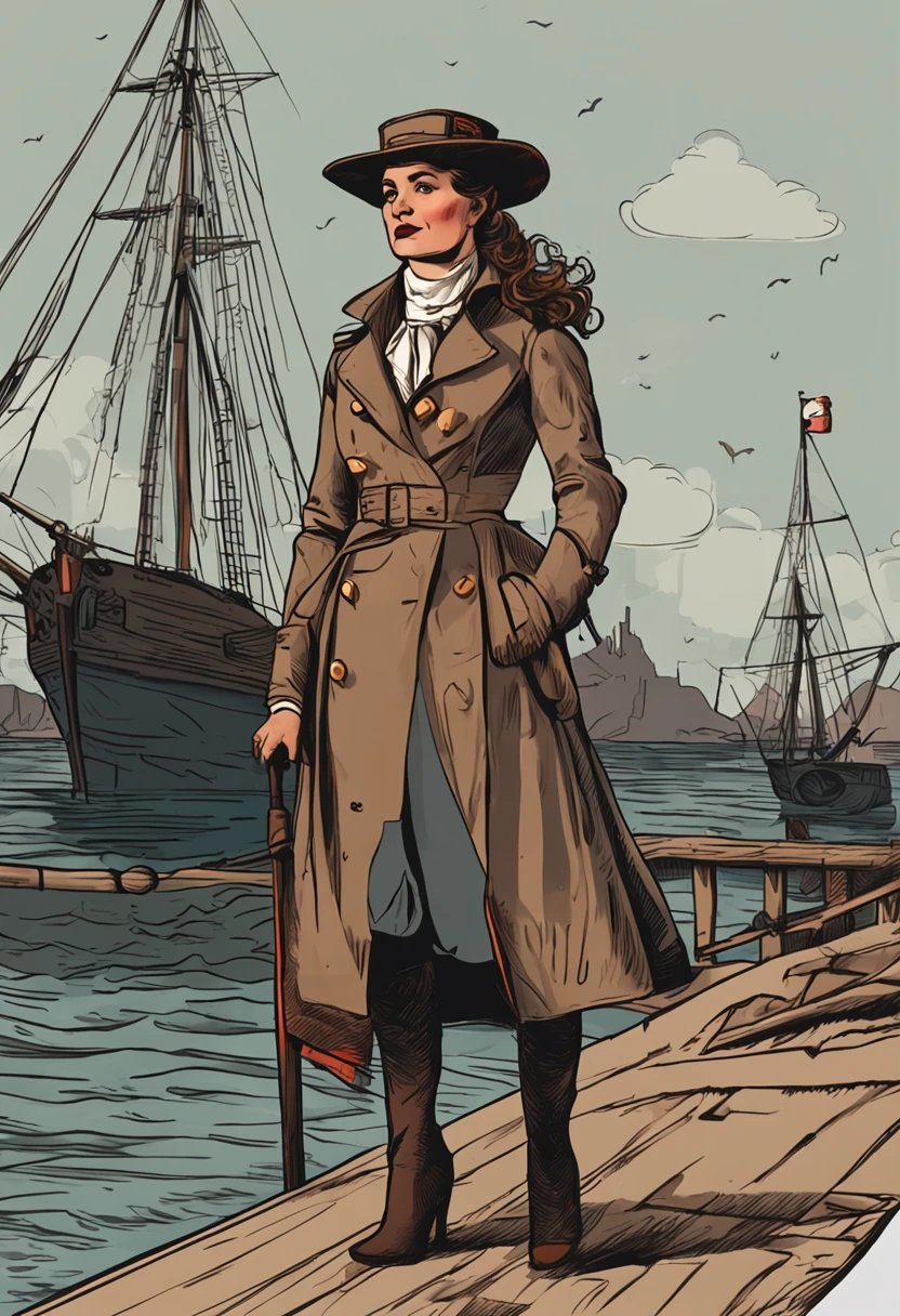 Woman with short brown hair,Wearing a gray trench coat,Take the fire hammer,With a triangular captain's hat,18th century,Stand at the bow of an ancient sailing ship,Two-dimensional painting style