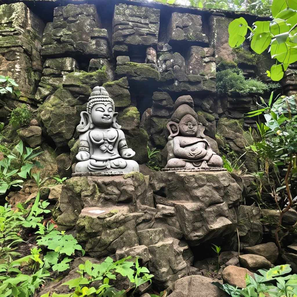 best qualtiy,tmasterpiece,vibrant with colors,Two stone carvings,The one on the left is a stone sculpture of a red beauty,On the right is a Buddha statue。Layers of rock,rockery,Don't fish,Greenery,pines,bamboos,weed,moss
