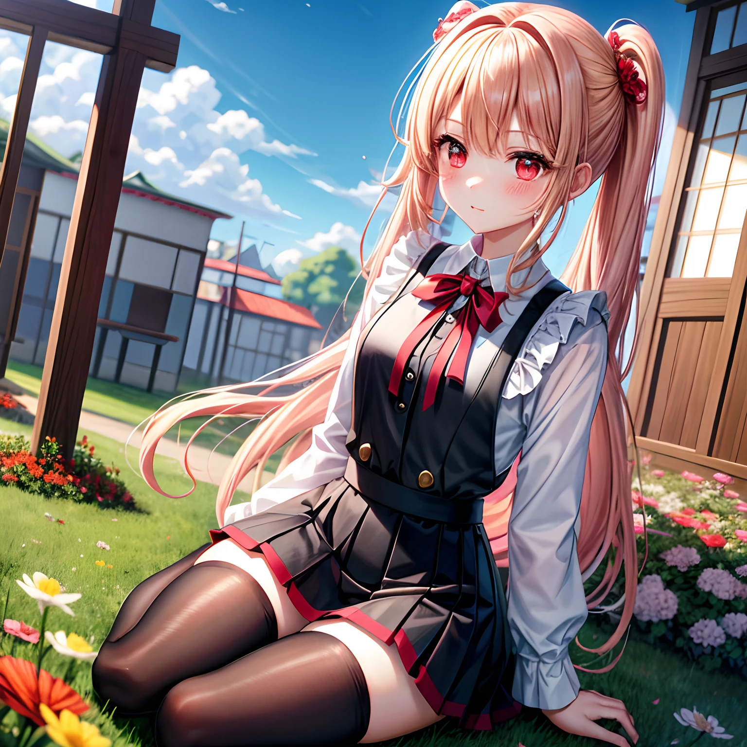 red blush、blonde hair、poneyTail、red eyes、Beautiful girl alone、animesque、独奏、a miniskirt、Black tights、flower field、lonely、sitting on