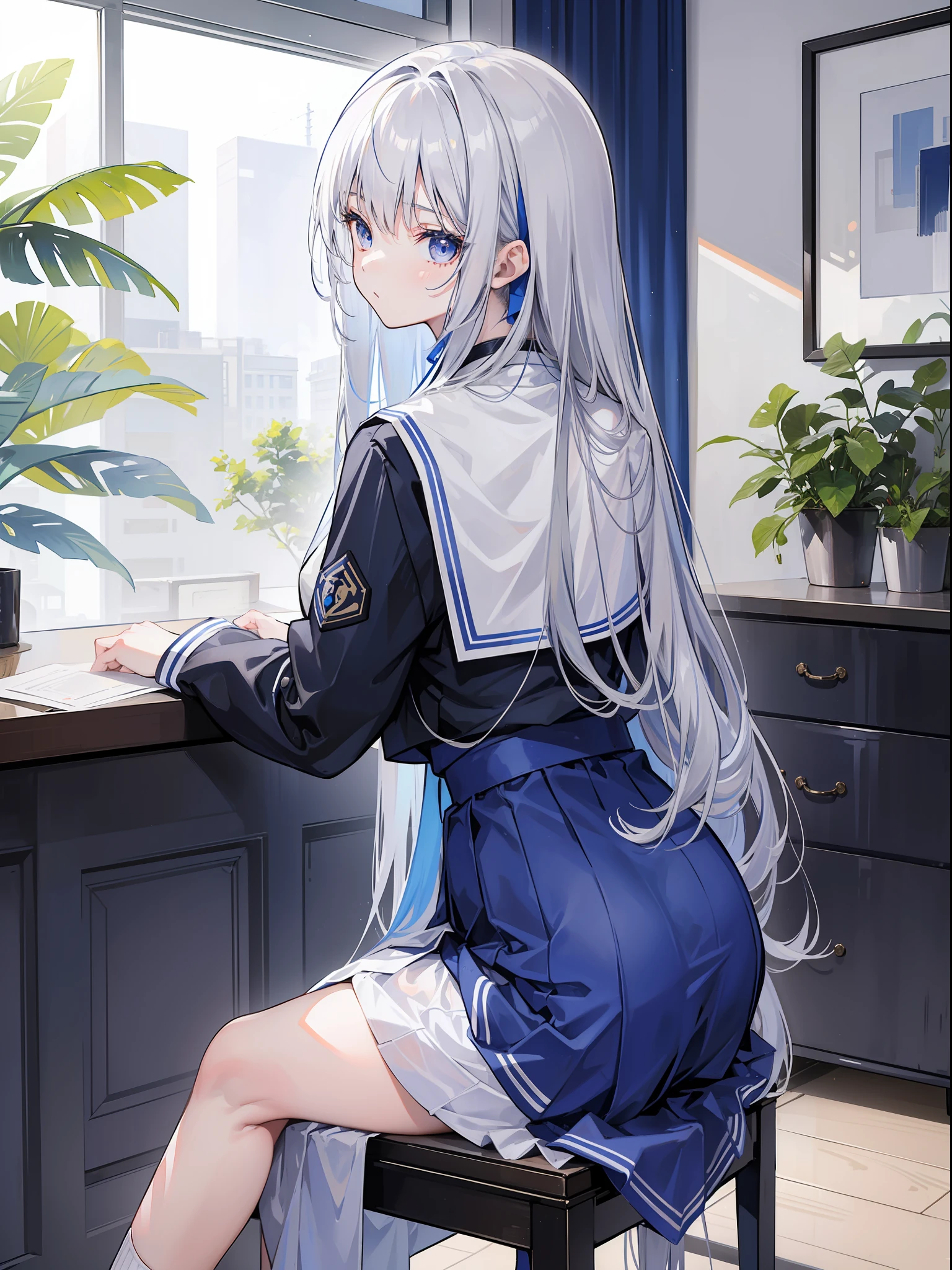 1girl, 164 cm height, tall girl, charismatic, 18 years old, navy colored hair, very long hair, white silver eyes, blue skirt, high school uniform, blue ribbon, sitting, butt form, back view, no looking, sit on chair, crouching, juicy
