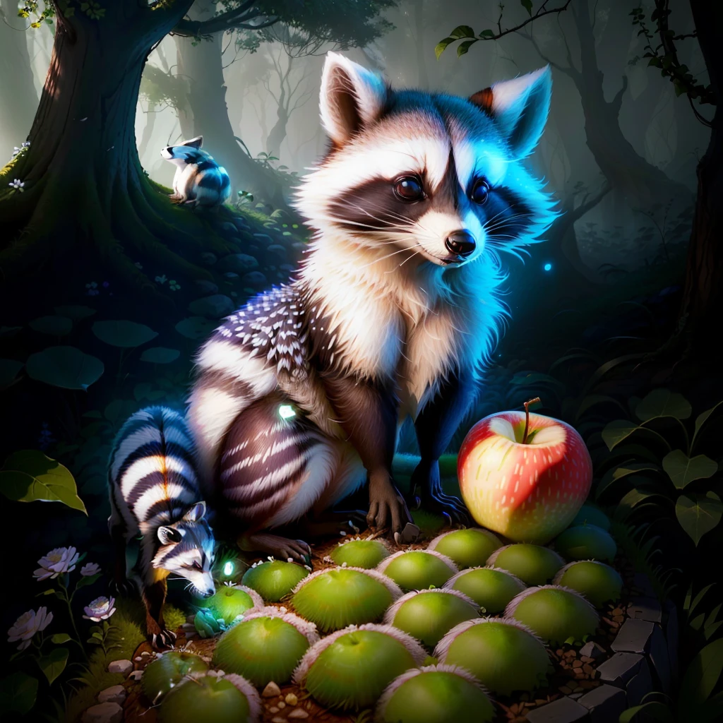 Full-white raccoons sit on rocks as anthills，In the forest，tendrils，Apples lie around，glowworm，pastoral，fresh flowers，Ant masterpieces everywhere，big breasts beautiful，4k，Realistic cartoons，Super realistic，zoom，at centre，Sharp Images，White raccoons frolicking