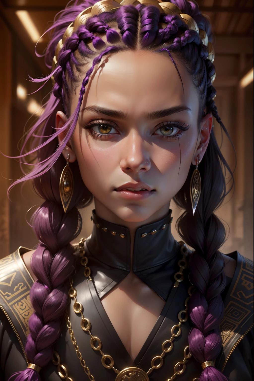 enthusiastic look, masculine forehead, cyper punk, 3 more piercings on right ear, masculine eyes, fuller lips, african skin tone, more masculine chest, more masculine jawline, there is a black androgynous man with braids on her head and tribal style plats on one side of his head, realistic purple aura shrouding him, digital age hyper realistic background, high quality portrait, portrait of ultra fantasy style realistic, portrait shot 8 k, sharp looking portrait, taken in the early 2120s, very high quality face, nft portrait, high quality face, crazy eyes, ultra detailed portrait, highly detailed vfx portrait, extremely high quality artwork, good looking face, short hair