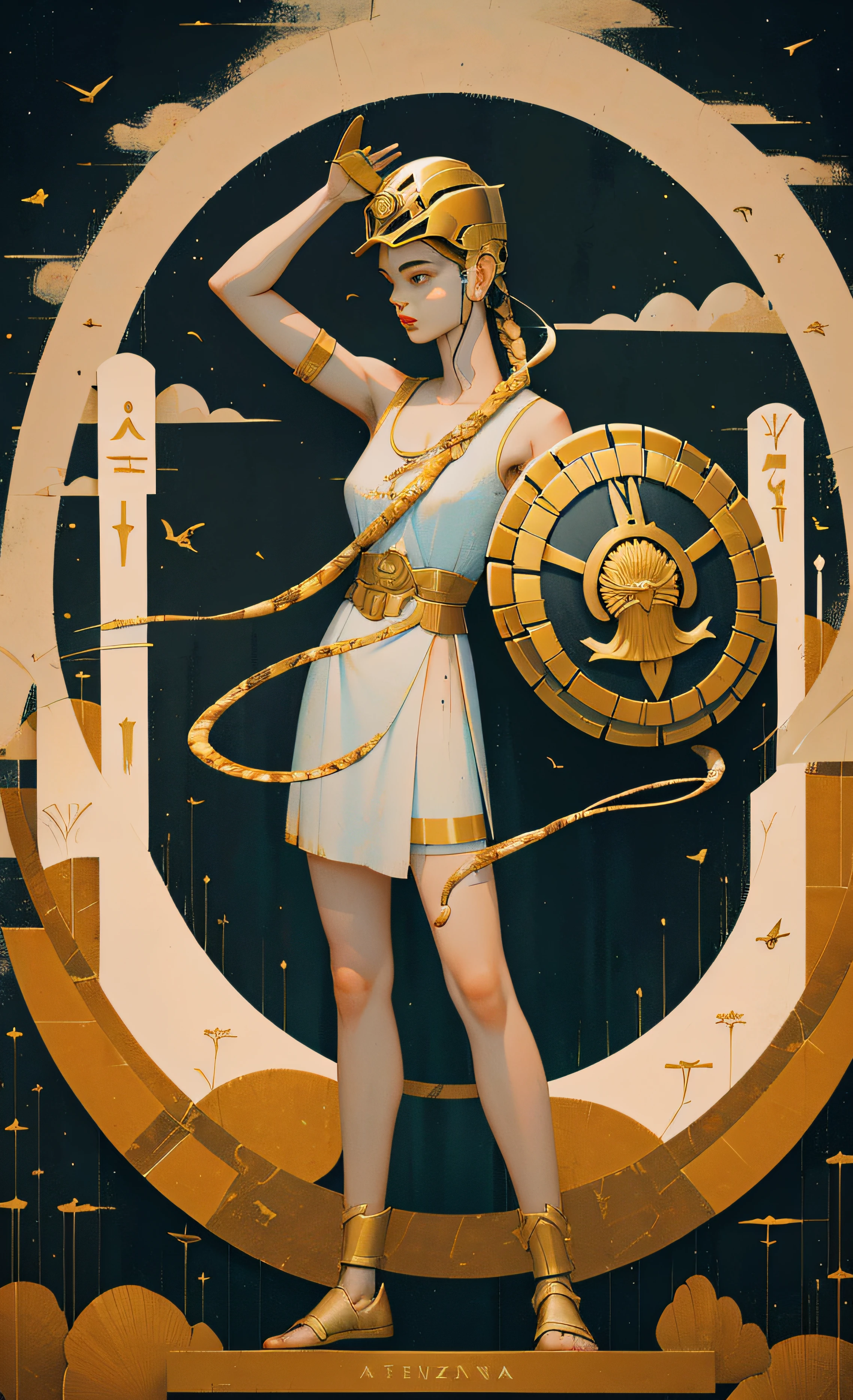 Athena was goddess of war and in numerous ceramics she looks like a young warrior armed with a helmet....., Lanza, coraza y escudo; it is protected with an aegis of goatskin adorned with terrible snakes and on its shield shines the menacing head of the Gorgon.., shield that the hero Perseus had given him