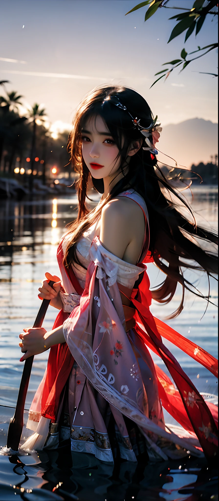 masterpiece, best quality, official art, 8k wallpaper, highly detailed, illustration, 1 girl, pink hair, long hair, detailed eyes, forrest, bare shoulders, hanfu,lakes, pure, soft smile,bamboo,Tea