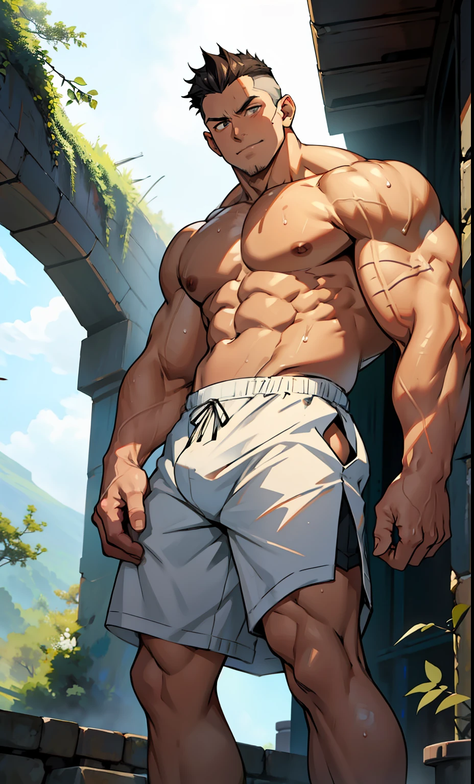 (photo angle from the bottom up) (highest quality photo) elf boy, beardless, cute young face, royal, young, , wearing short briefs, anime image, standing  standing, cute young face, undercut hair, huge muscular chest muscles, big strong thighs, strong hamstrings, muscular biceps and tendons, huge body, well developed muscles, muscles  clear sinewy 8-pack abdomen, topless, white skin, super shiny skin, dripping sweat, hands scratching head, feet without shoes