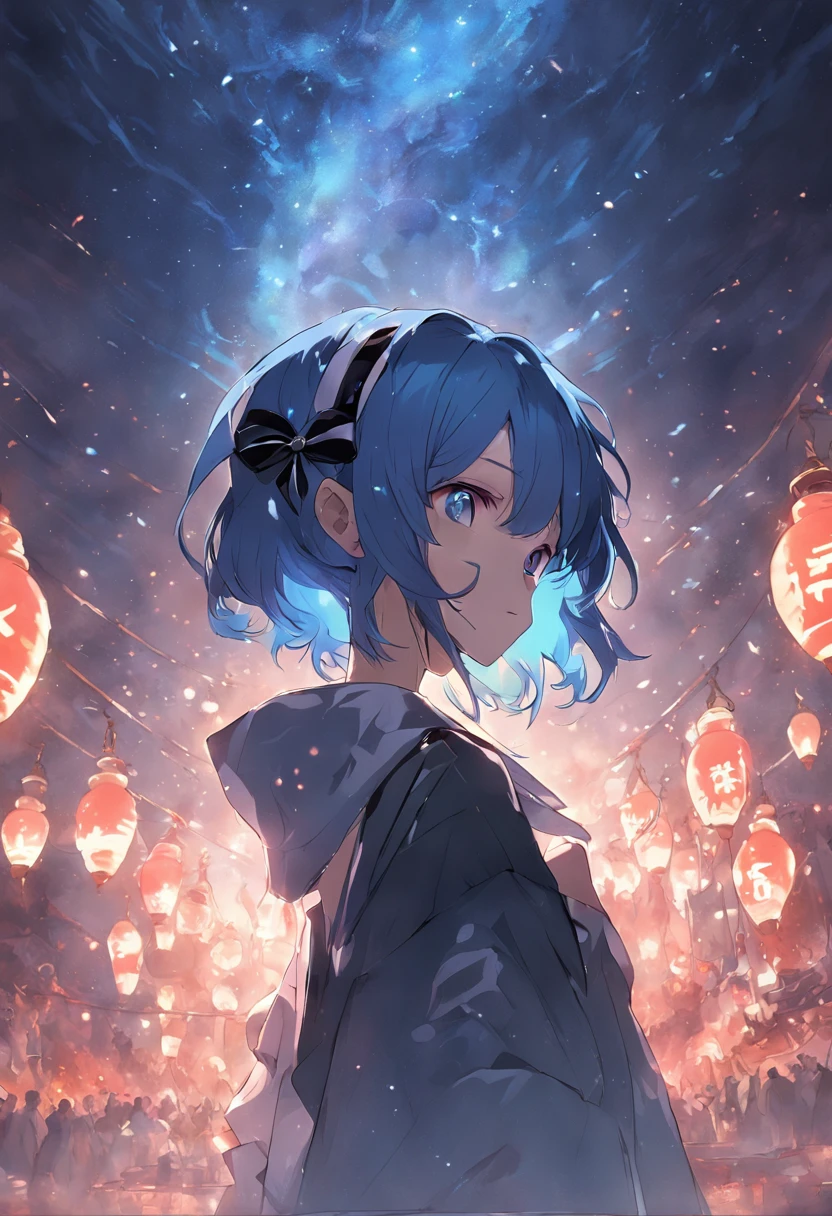 Wearing a black headband and ribbon;Short-haired and blue-haired、blue eyes、komono、lanthanum、lantern、