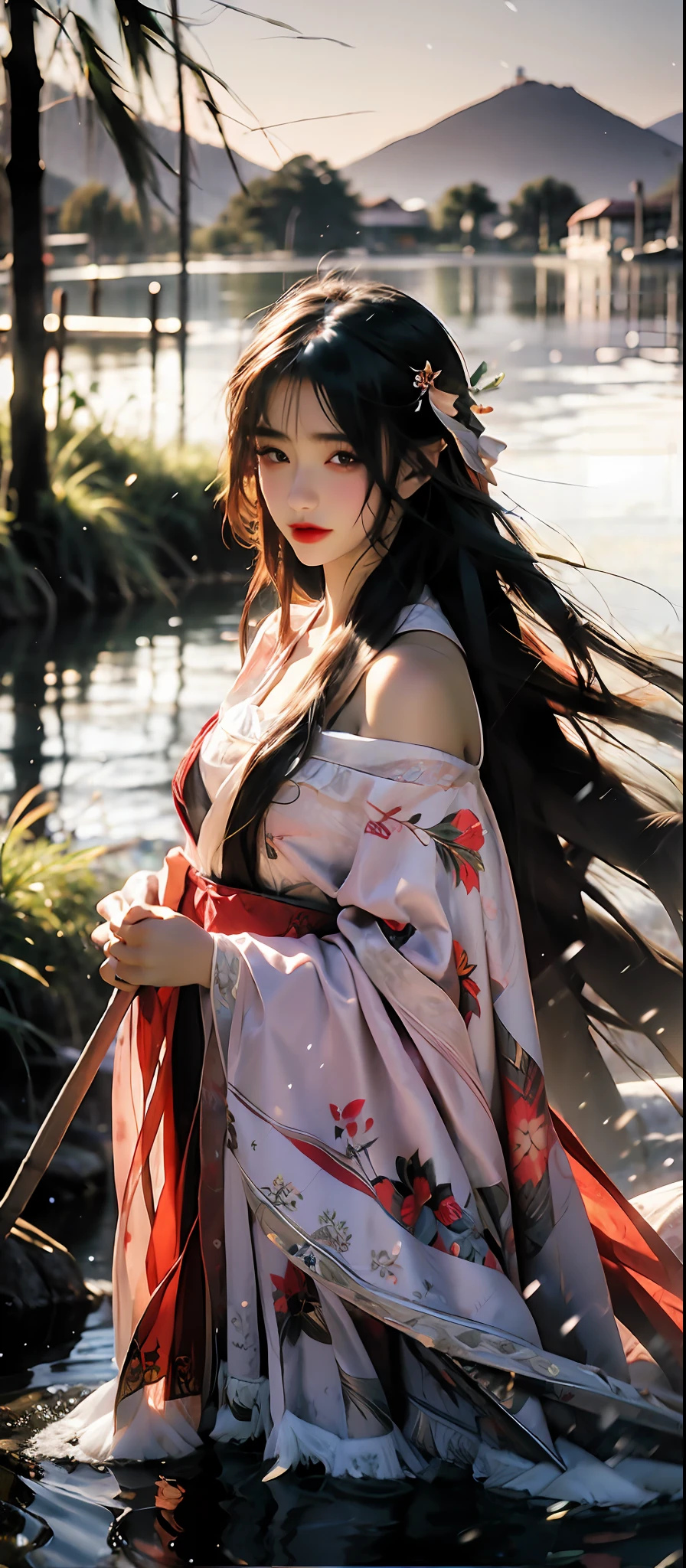 masterpiece, best quality, official art, 8k wallpaper, highly detailed, illustration, 1 girl, pink hair, long hair, detailed eyes, forrest, bare shoulders, hanfu,lakes, pure, soft smile,bamboo,Tea
