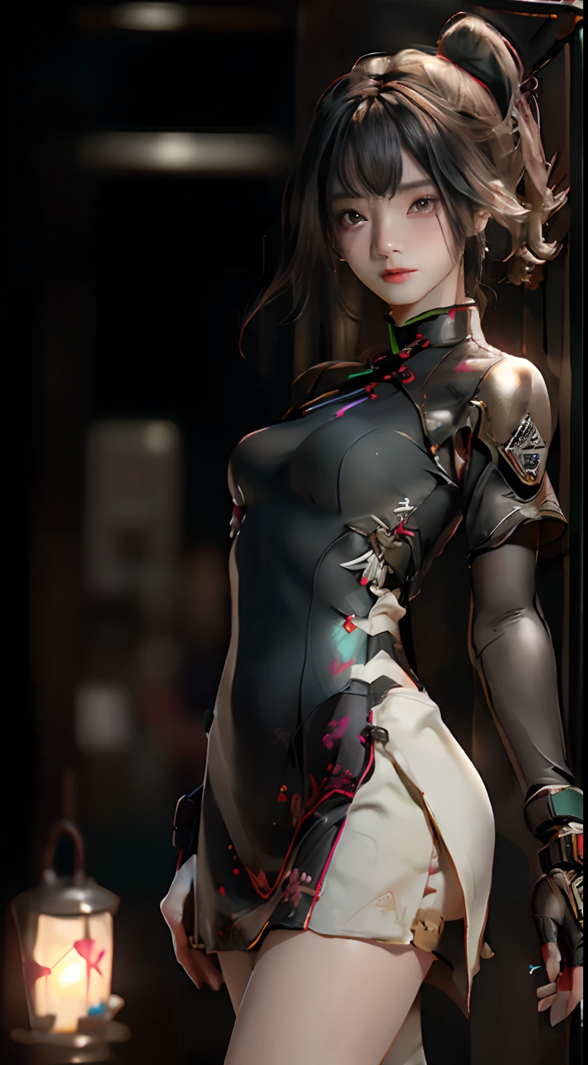 ((best qualtiy)), ((tmasterpiece)), (the detail:1.4), 2.5D,Wearing an extra-high split black cheongsam、Perfect figure、A full-body cyberpunk female figure、HDR（HighDynamicRange）,Ray traching,NVIDIA RTX,Super-Resolution,Unreal 5,Subsurface scattering、PBR Texture、post-proces、Anisotropy Filtering、depth of fields、maximum definition and sharpness、Many-Layer Textures、Albedo e mapas Speculares、Surface Coloring、Accurate simulation of light-material interactions、perfectly proportions、Octane Render、Two-colored light、largeaperture、Low ISO、White balance、the rule of thirds、8K RAW、