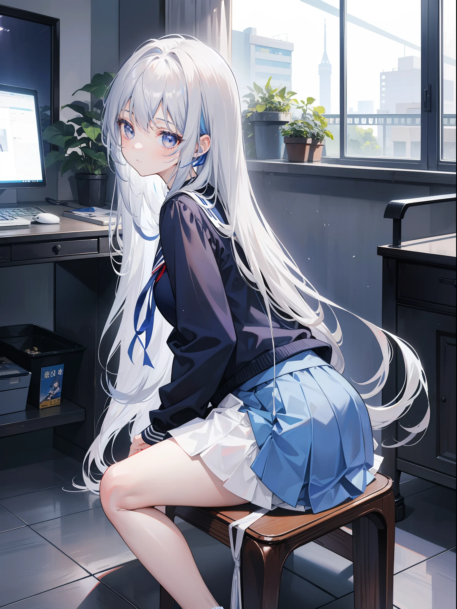 8K, Highest quality, masterpiece, Wallpapers by Unity 8K, School classroom、(One Girl) , 、 Perfect detail, (Best lighting) , (Very intricate detail)、(One Girl),cute、Big eyes、masterpieceサイドライト、masterpiece、Highest quality、detailed、High resolution illustrations)、(((Silver Hair))),(Her hair color is a blue-gray gradient), Semi-long hair, 非常にdetailed,、High School Uniform, {White dress shirt、Red tie、Short sleeve、Grey pleated skirt}, from behind, from below