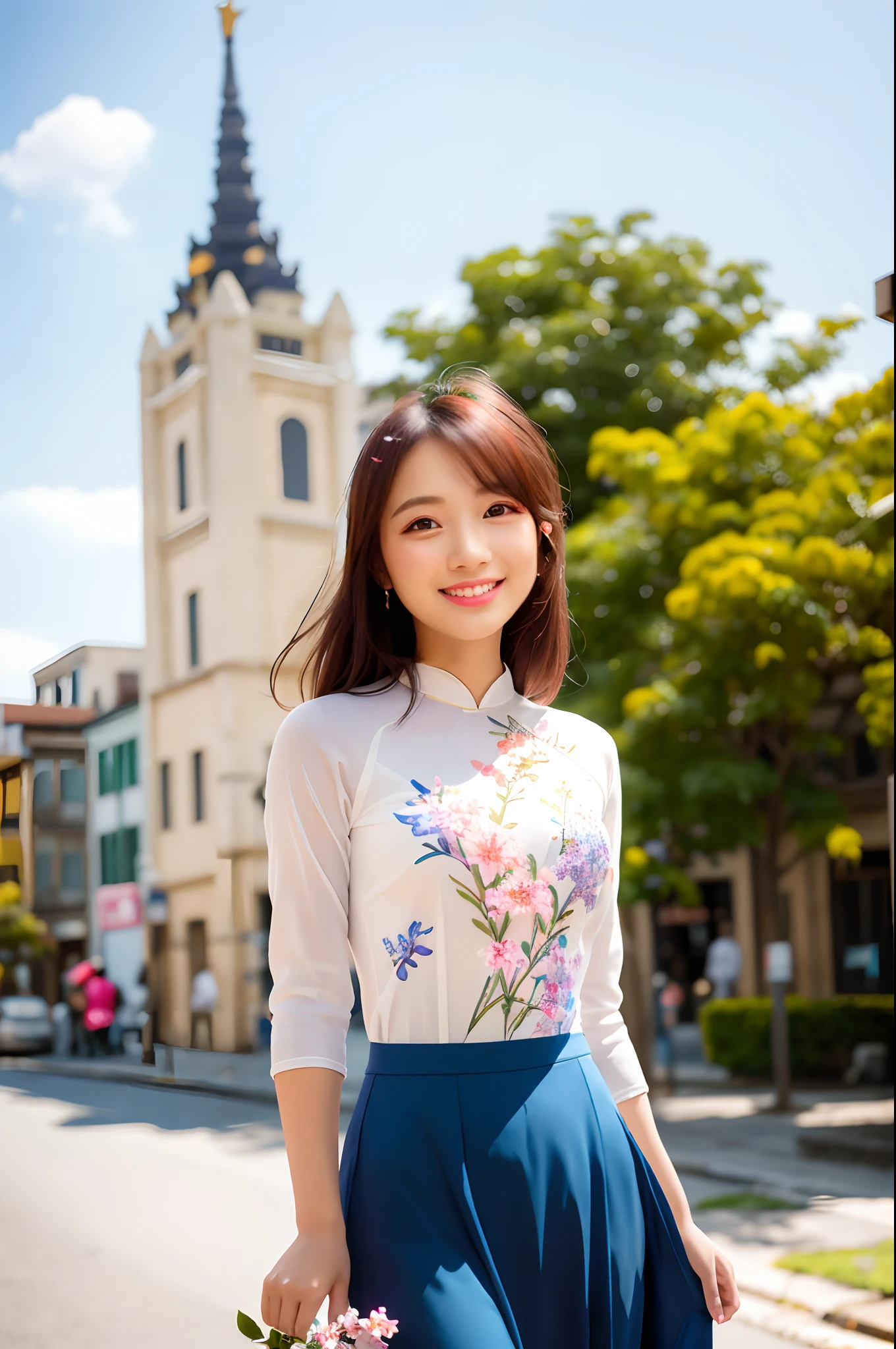 Beautiful girl Aodai in vintage color , masutepiece, Best Quality, Realistic:1.3, Street, Have a bunch of flowers, Sunlight, Backlighting, art stations, Intricate details, vignettes