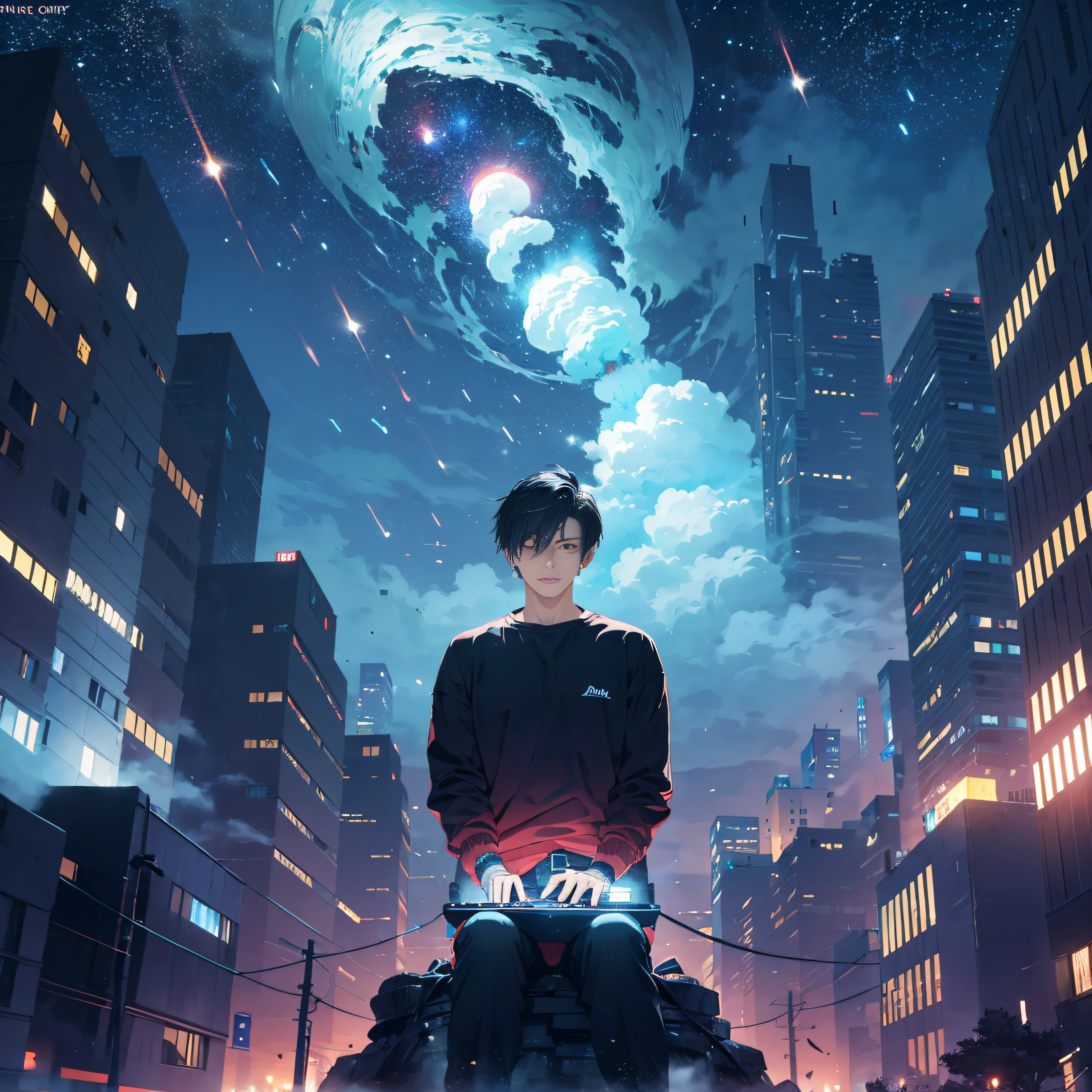 octans, sky, star (sky), scenery, starry sky, night,A man with short black hair, handsome, cold, standing, red eyes, night sky, solo, outdoors, building, cloud, comets, milky way, sitting, futures, silhouette, cityscape, amazing, power, aura, a hacker, cybersecurity, black shirt, servers, cyber, laptop.