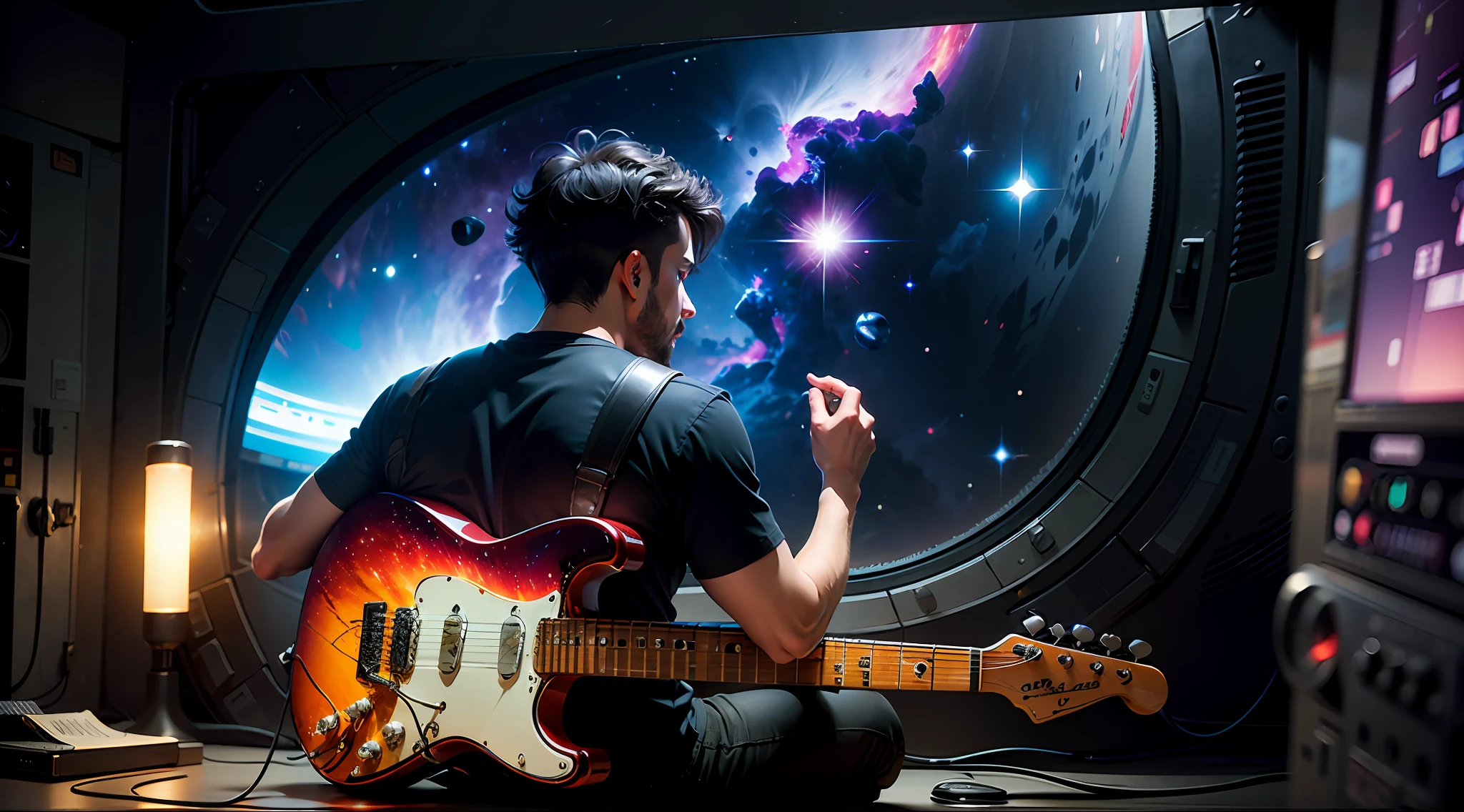 guy playing electric guitar, Galaxy, Universe, open world, sparks, fire, 8k, ultrasharp, background, wallpaper, epic, wearing black shirt, black short hairs, white guitar, sitting backside to viewer on planetoid, looking at big nebula in front of him, guitar in front of person, sitting on the left side of picture,