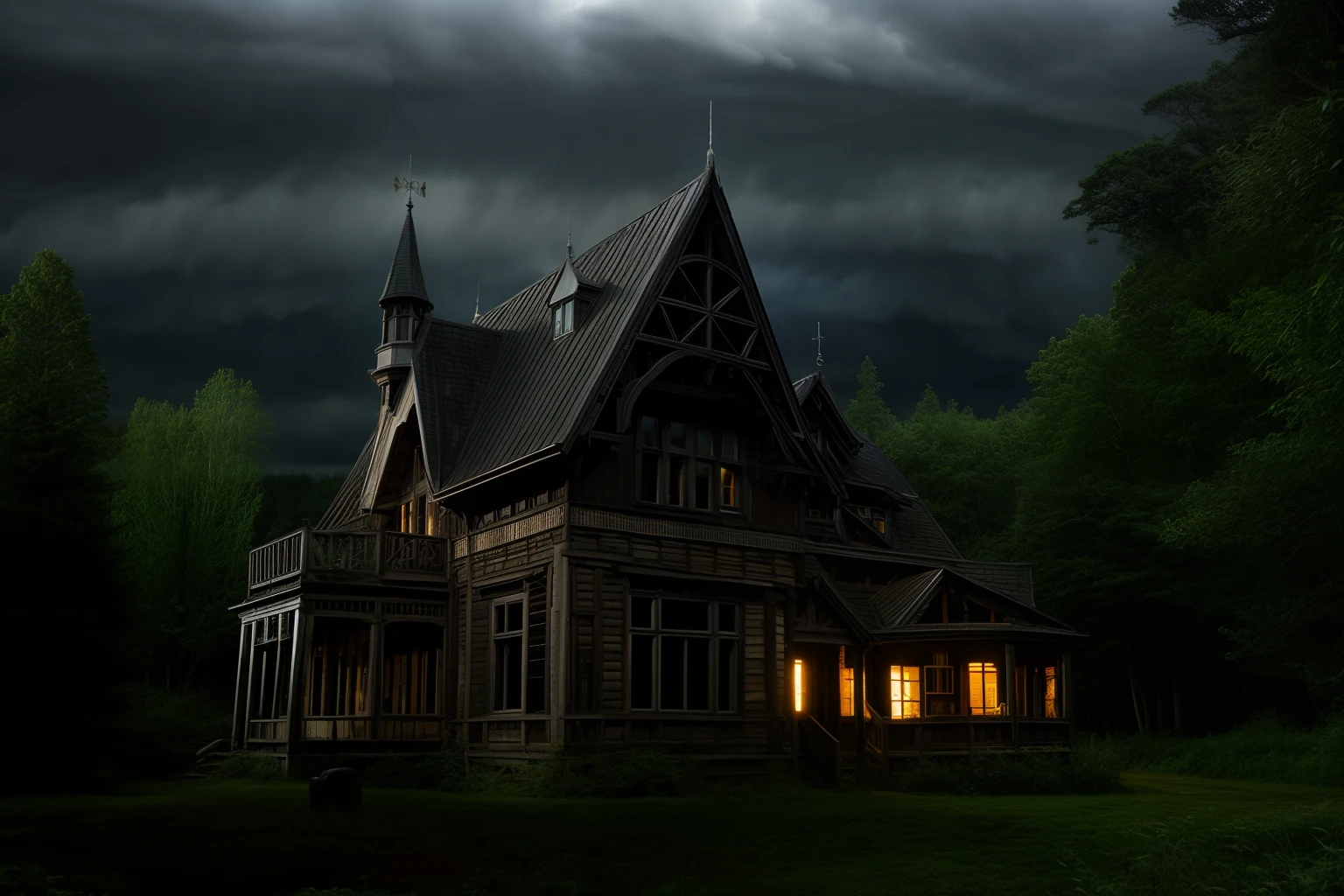 Haunted house, thunder clouds in the sky, lights in windows, forest all around, eeire, panorama in a movie by christopher nolan,   photograph, ultra realistic, highly detailed