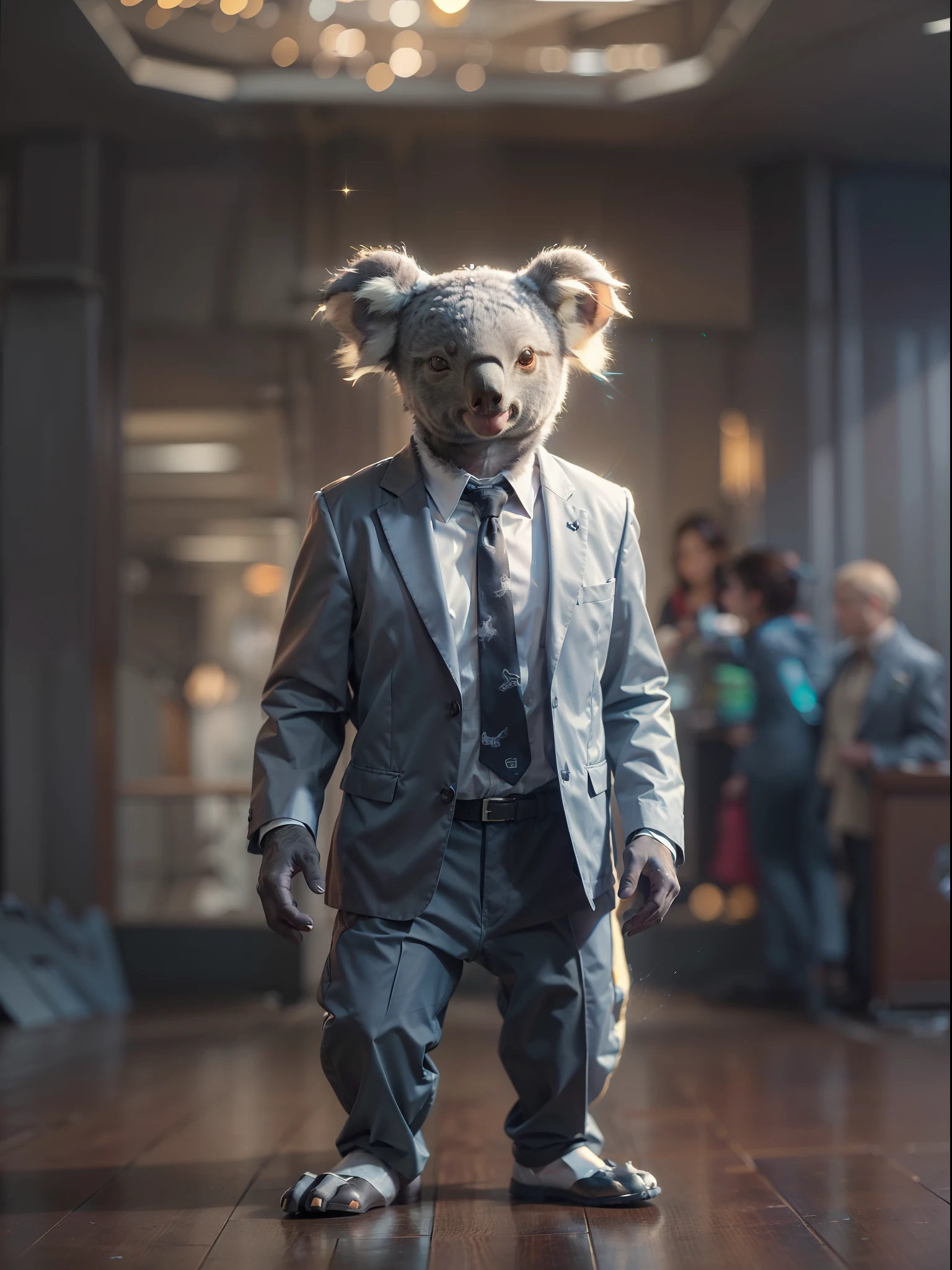 (((fullbody image、Standing posture)))、(Full body koala standing upright in luxury business suit、Humanoid koala、Cool anthropomorphic koala with long legs)、masterpiece, top-quality, in 8K , intricate detailes, ultra-detailliert , light Particle、32K Digital Paint, Hyper-Realism, No background