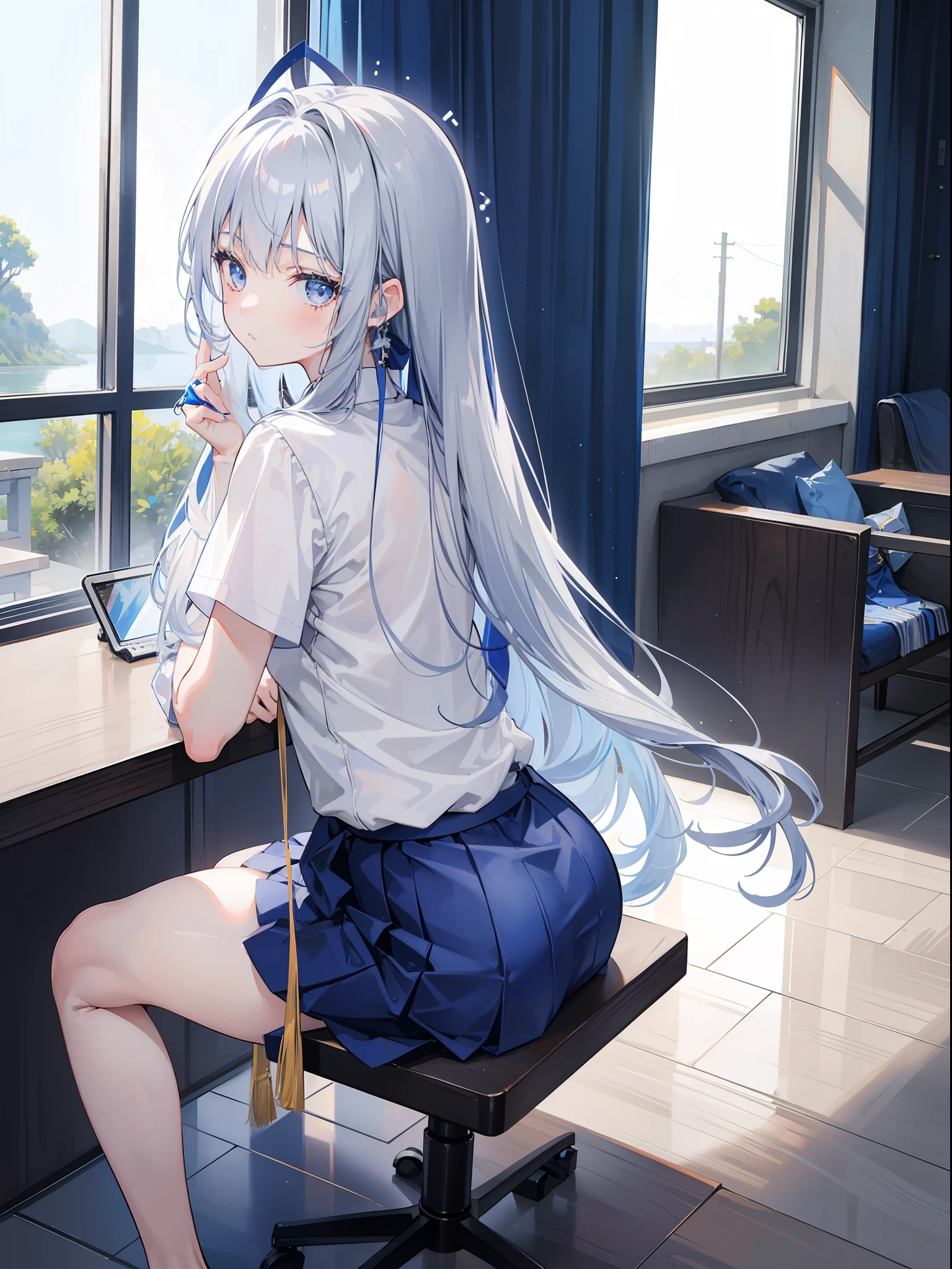 1girl, 164 cm height, tall girl, charismatic, 18 years old, navy colored hair, very long hair, white silver eyes, blue skirt, high school uniform, blue ribbon, sitting, butt form, back view, no looking, sit on chair, crouching, juicy