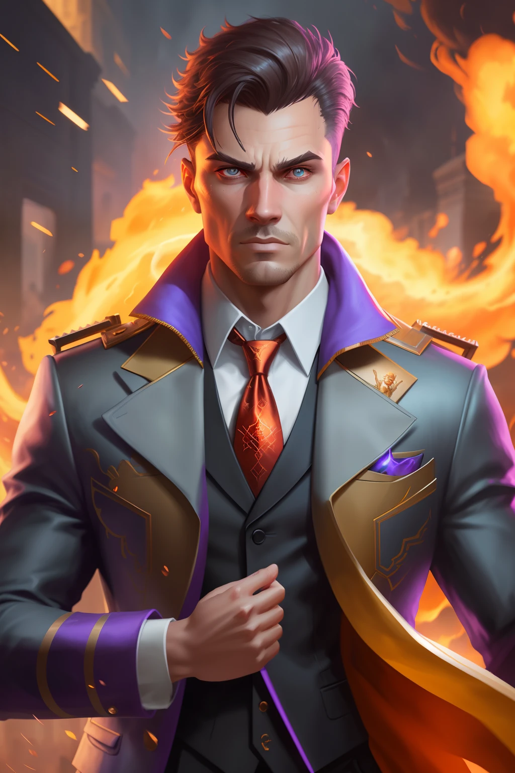 Close-up of a man in a suit and tie，The background is fire, Epic portrait illustration, epic and classy portrait, epic game portrait, inspired by Max Magnus Norman, epic character portrait, Epic RPG portrait, Unreal 5. RPG portrait, Avatar image, background artwork, epic digital art illustration, Epic portrait, epic art style, Official Splash Art