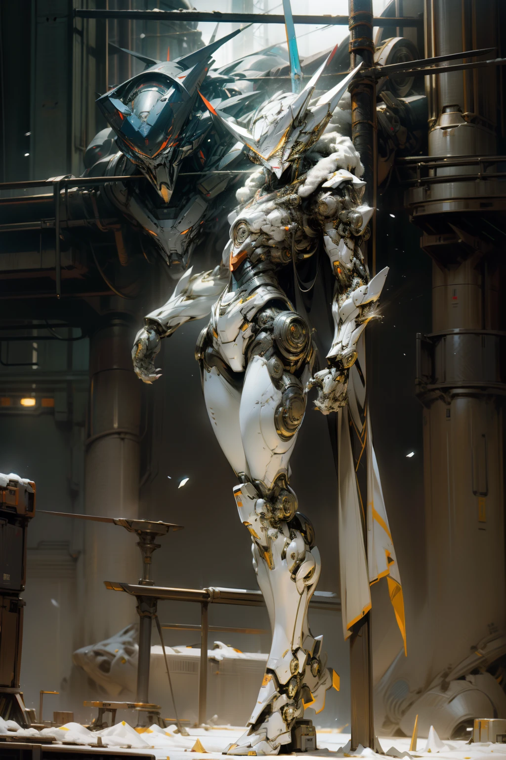 masterpiece、top-quality、hight resolution、cyberpunked、Real with creativity、Full body of metal body、Slender woman、Beast Woman、Ultraman、snow-white body、(Stance:1.1)、Biomechanics、 Megacities of the future、Dramatic Lighting、