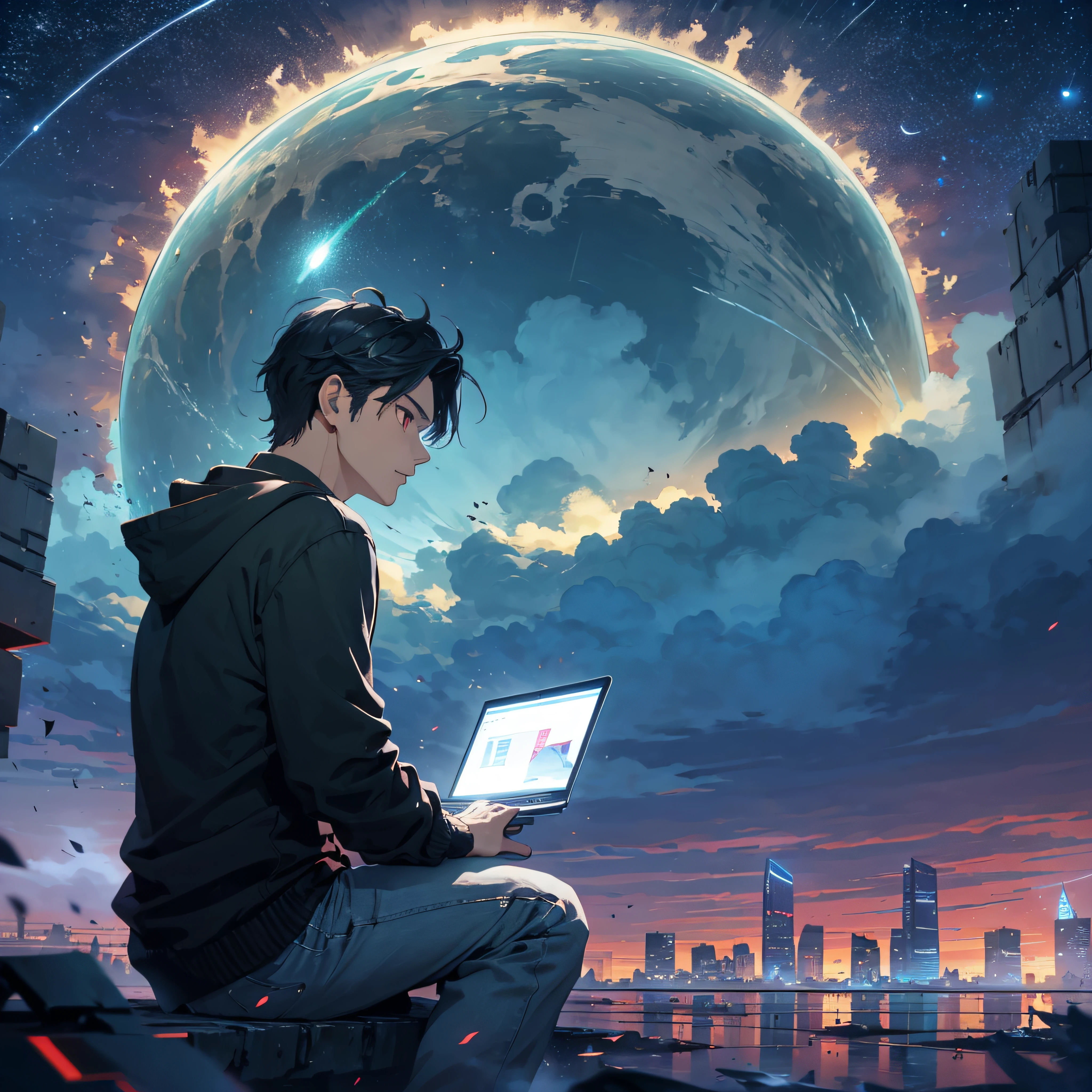 An 27-years-old man sits in front of a computer, angry, hacker, computers.