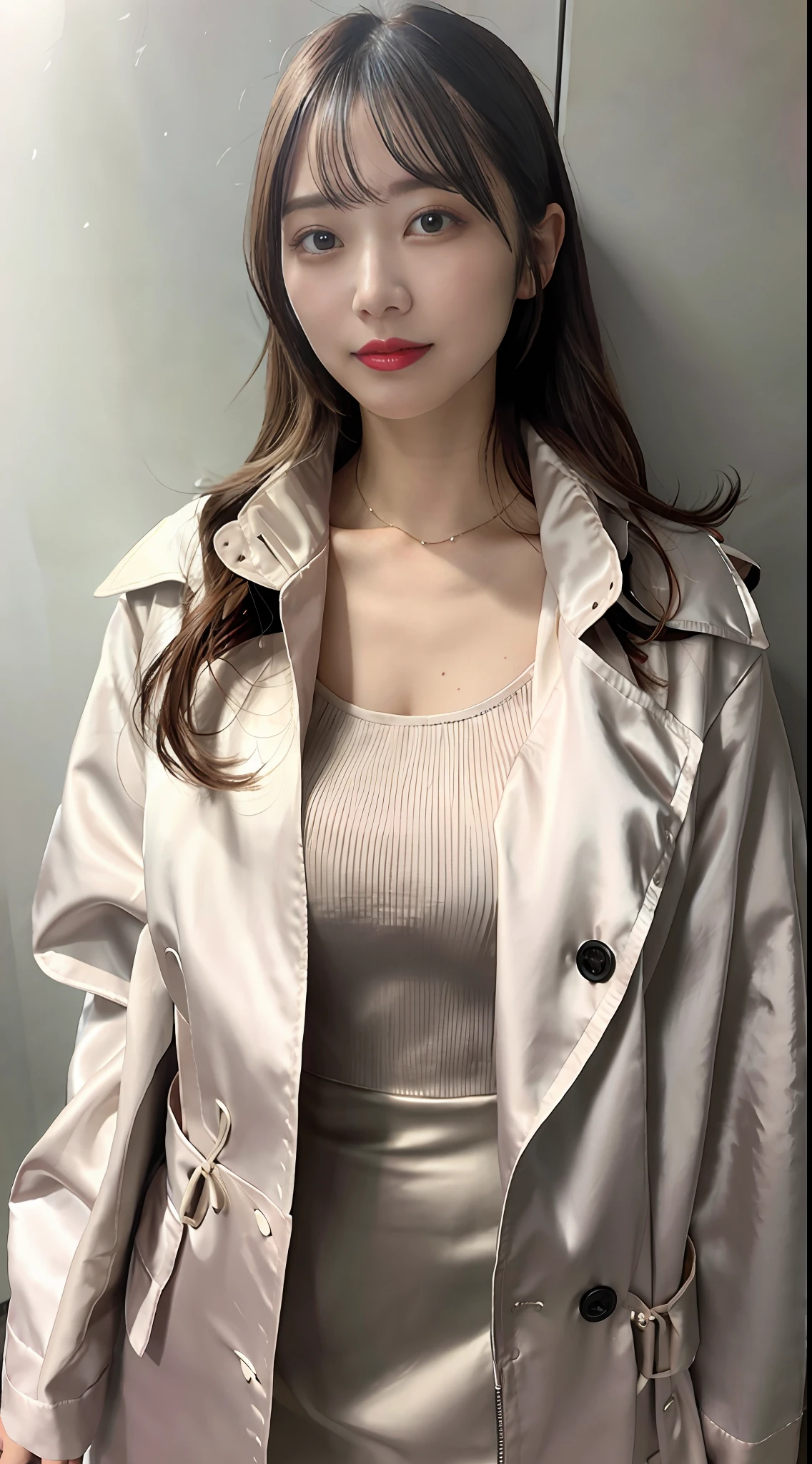 Wearing a satin dress coat、The material of the trench coat is satin, strong glossy, soft and smooth to the touch.、Button in front of trench coat、Wearing a satin blouse under a trench coat、No bra、Blouse collar from the coat、Fitted blouse、Breast C cup、Japan Fashion Model、wearing in shirt、Wearing a coat、1 beauty、full of sweat、