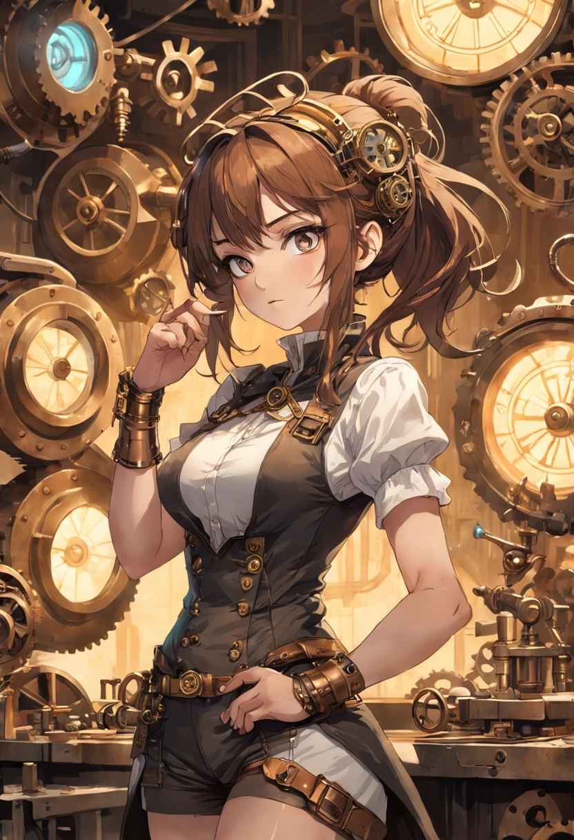 ((masterpiece)), (1girl), (steampunk theme:1.5), (mechanical elements:1.3), (goggles:1.2), (inventor:1.1), (engaged expression), (active pose), ((richly detailed workshop background)), (assorted gears:1.2), (steam-powered machinery), (blueprints),(flickering gaslights:1.1), (clockwork creations),(innovative:1.3),(brass and copper tones)
In a world of steampunk and innovation, a talented female inventor stands within her bustling workshop. She dons goggles, which rest on her forehead, highlighting her inquisitive eyes filled with determination. Her outfit is adorned with mechanical elements and brass accents, reflecting her passion for invention. She assumes an active pose, one hand adjusting a complex gear system while the other sketches out new ideas on a piece of parchment.
