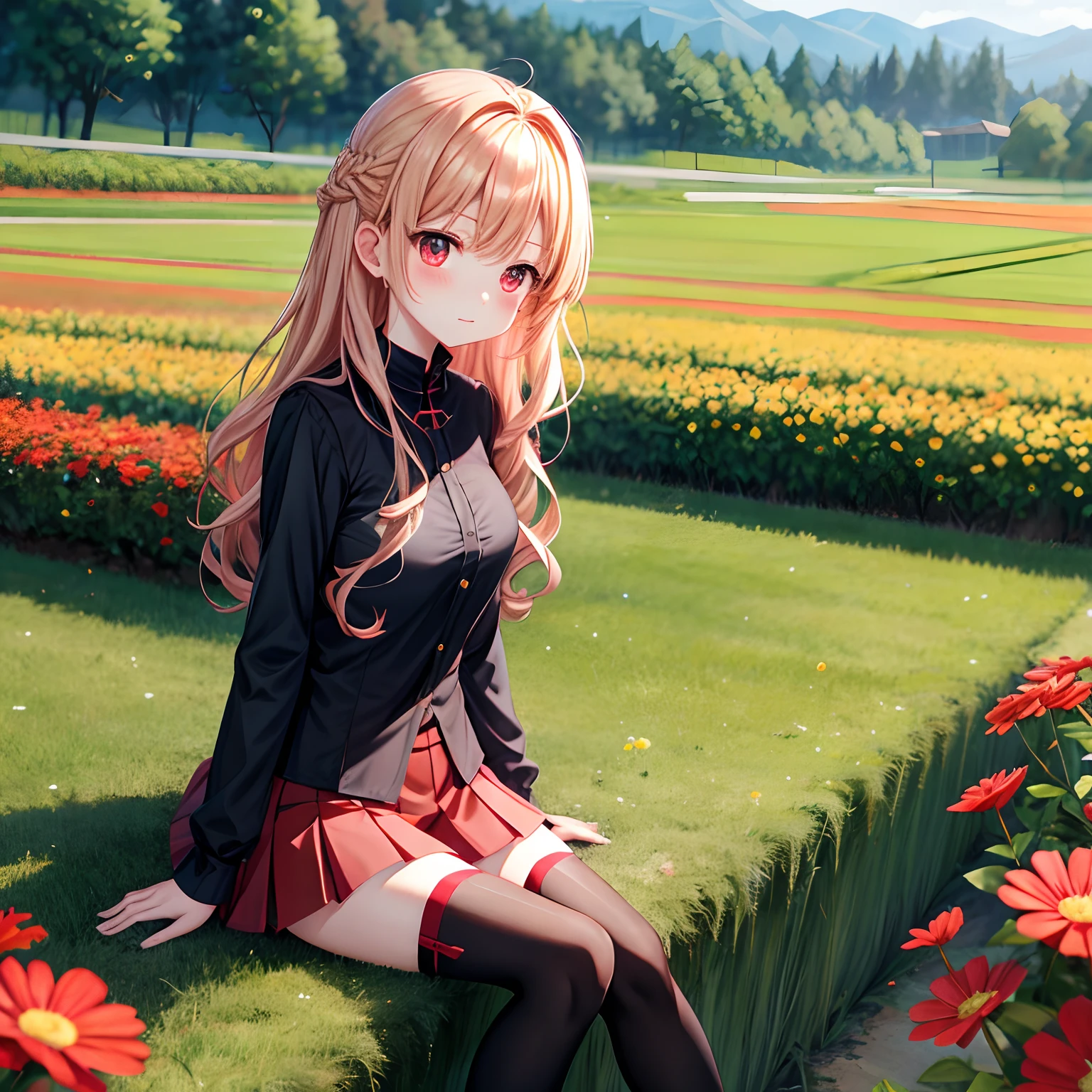 red blush、blonde  hair、Wavy hairstyle、red eyes、Beautiful girl alone、animesque、独奏、a miniskirt、Black tights、flower  field、lonely、sitting on