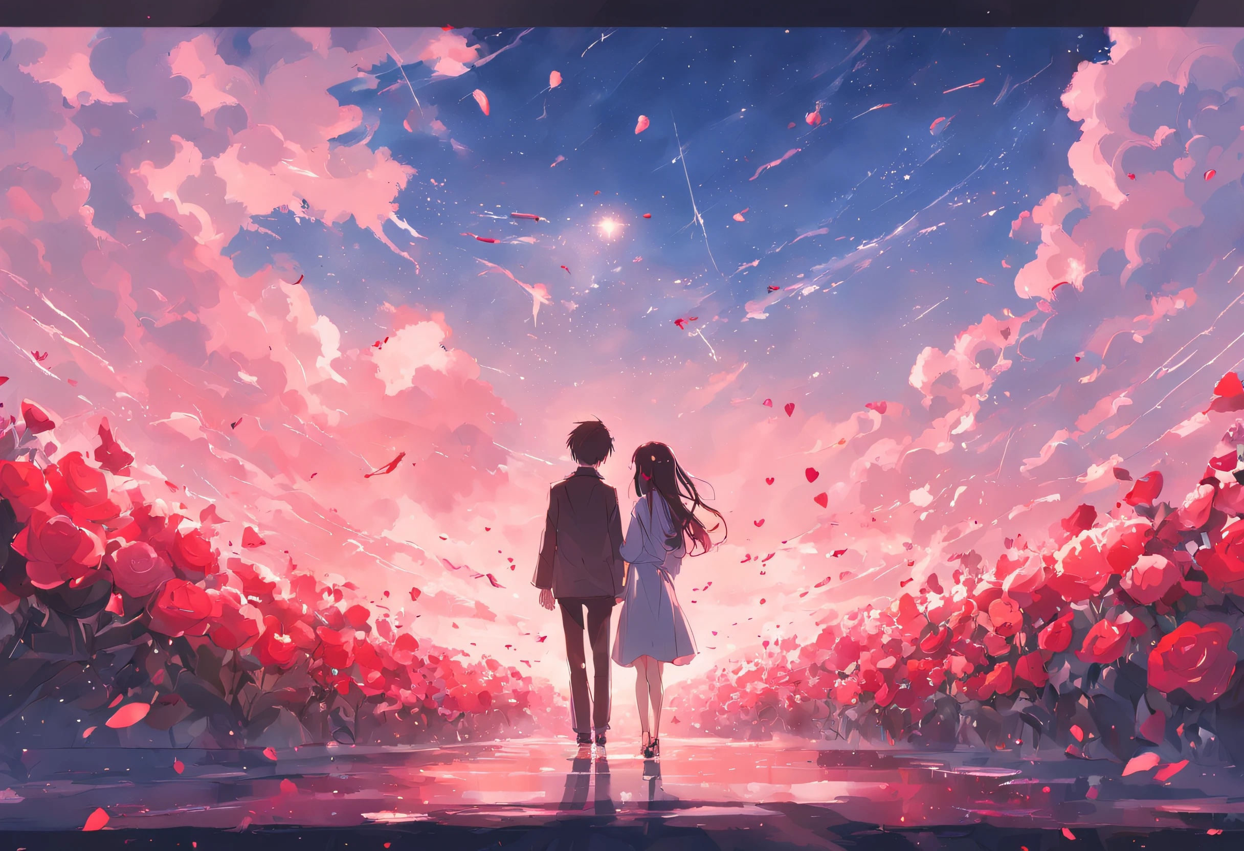 In a romantic atmosphere,couple cuddling,Stroll through the Sea of Roses,Under the blue sky and white clouds,Feel the romantic theme of Valentine's Day。