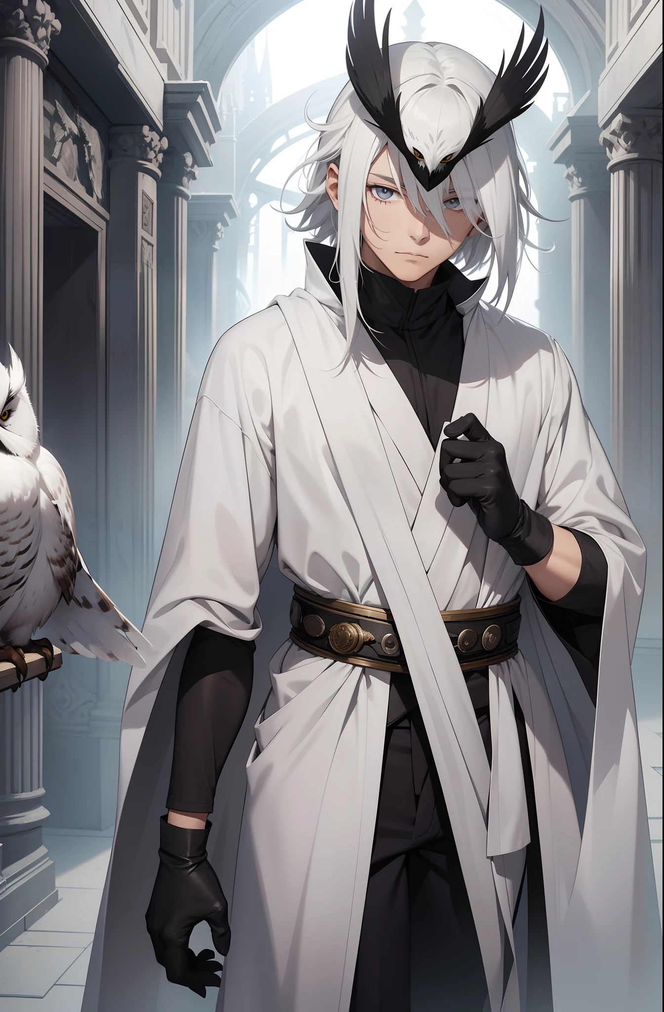 solo male, white robes, grey eyes, black pants, black gloves, owl feathers, owl mask, white hair, covered face, fantasy