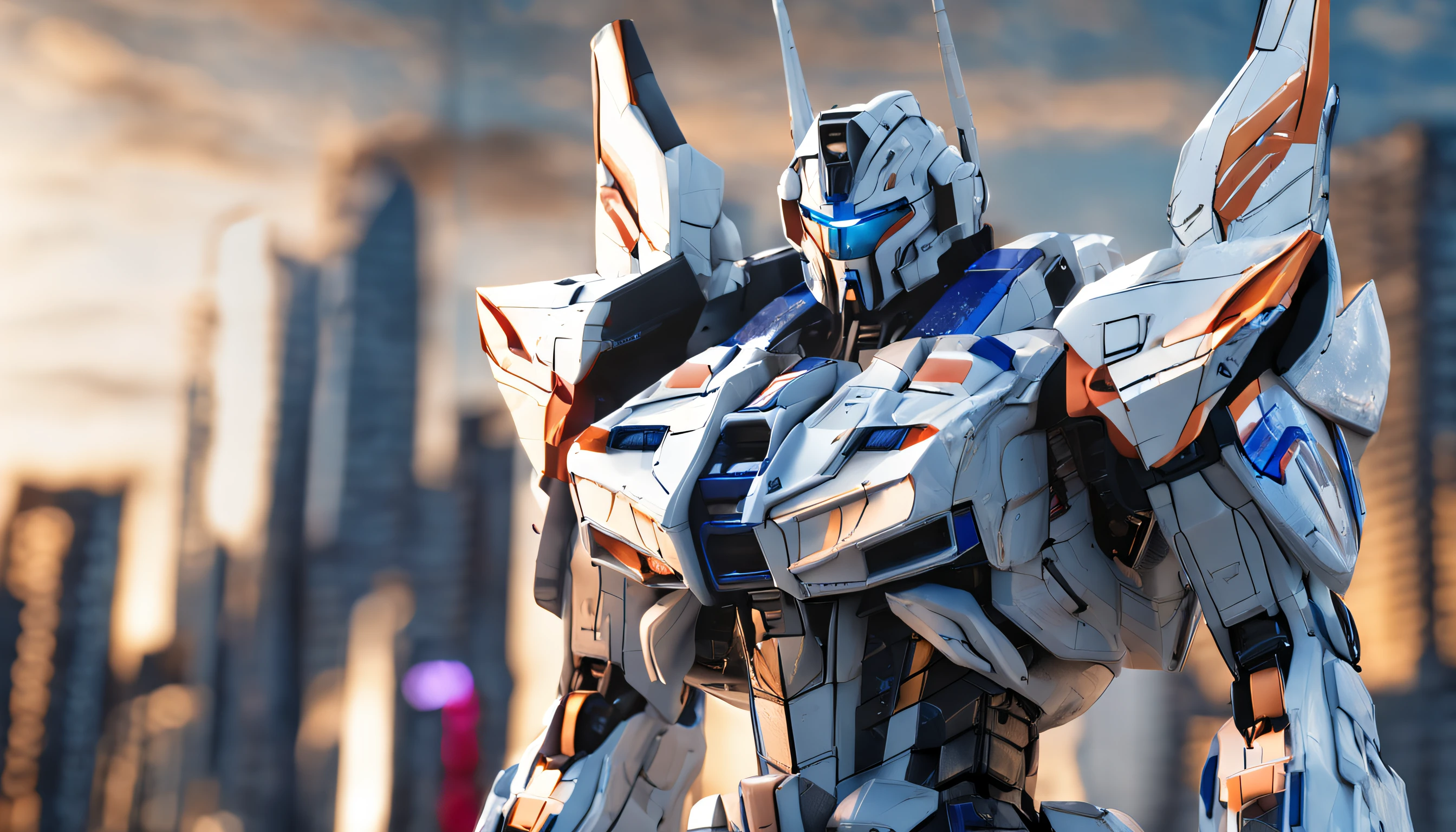 The picture shows white and blue Gundam, The style is very realistic, grandeur of scale, The details are complex, Reflective metallic texture, posing elegantly, rich details, Cinema 4D textures, High detail,Tall and majestic,With the sky as a background