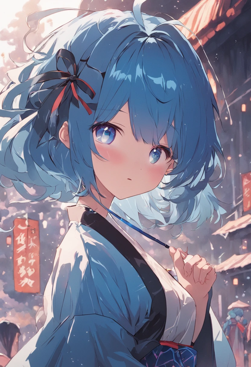 Blue hair with short hair wearing a black headband, ribbon and hairpin、Blue-eyed girl、Wearing kimono、lanthanum、lantern、