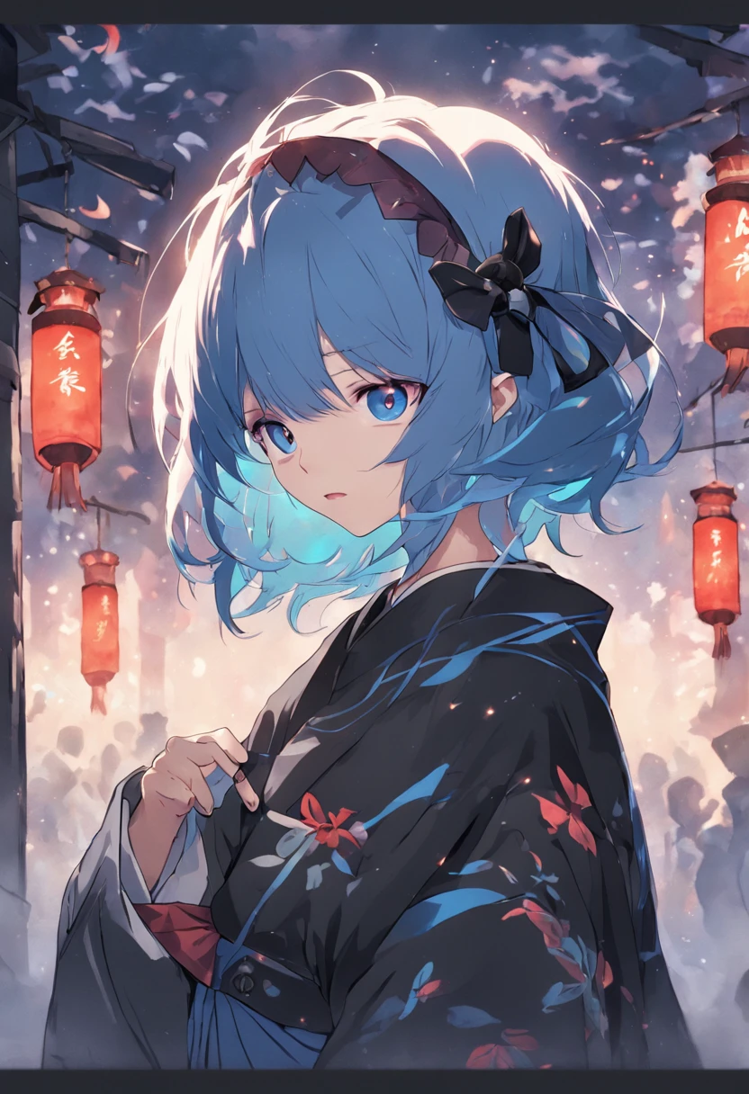 Blue hair with short hair wearing a black headband, ribbon and hairpin、Blue-eyed girl、Wearing kimono、lanthanum、lantern、