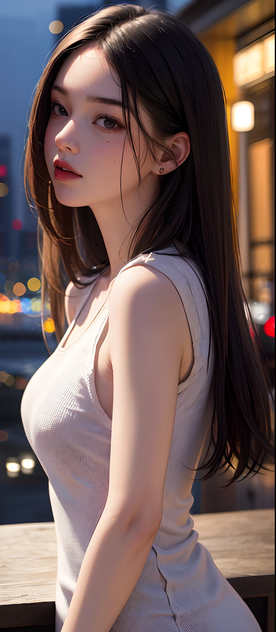 (Highest quality,masterpiece:1.3,Ultra-high resolution),(Very detailed,Caustics,8k),(Realistic:1.4,RAW shooting),(Selfie),Japanese,23 years old,cute,Are standing,(Big smile),(Looking into the camera),Black hair medium hair,(Big Breasts:1.4),(Sleeveless dress(pastel colour)),Micro mini hem,I can see her voluptuous thighs、Strong winds,Hair blowing in the wind,rooftop,Backlight,sunset,sunset sky,(Bust up shot),(Chest Focus:1.1),(Low position),(Low Angle),Natural light