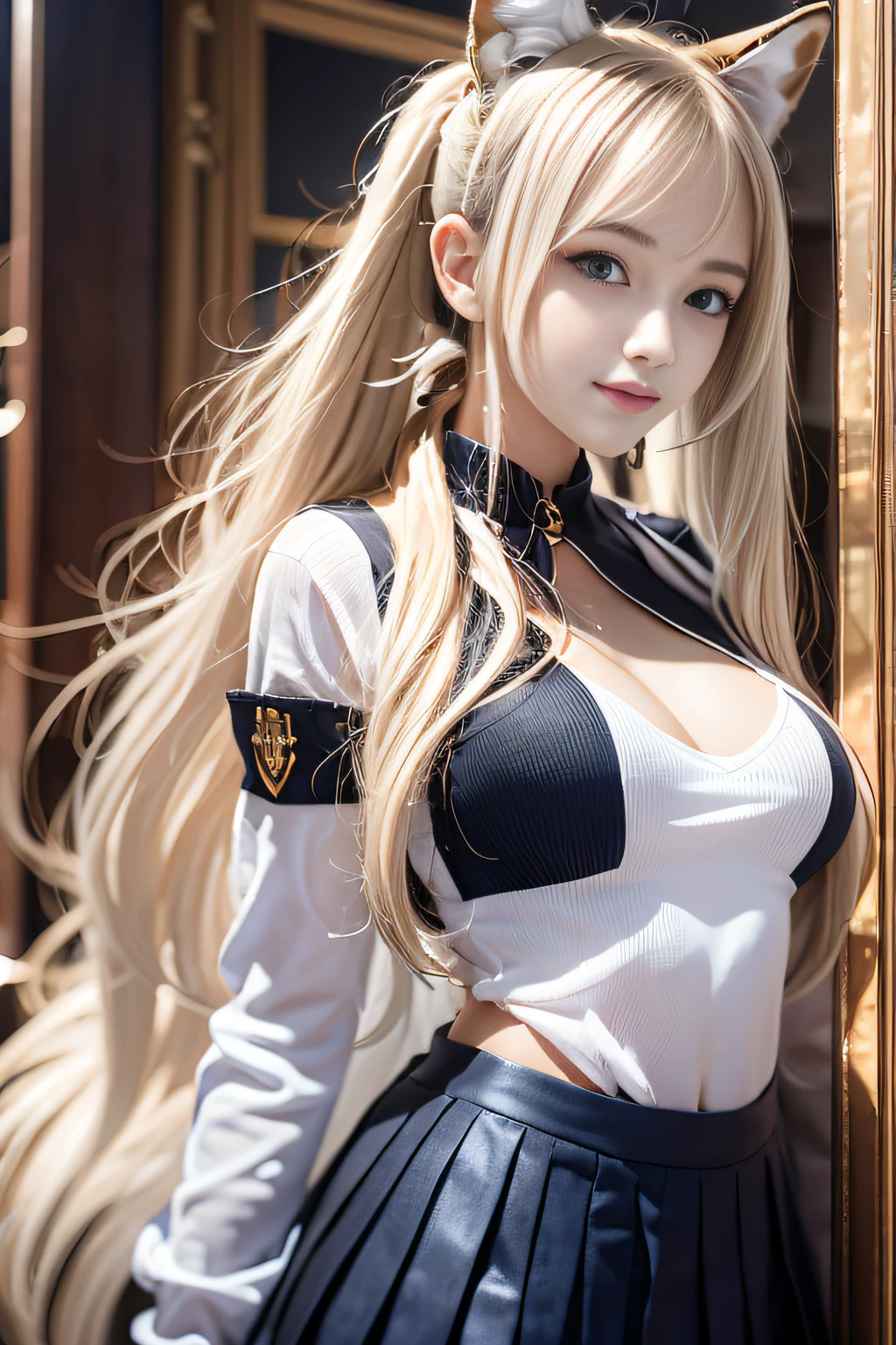 bright expression、poneyTail、young and shiny white shiny skin、Best Looks、Gold reflects light、Platinum blonde hair，Shine brightly、Shiny light hair,、Super long silky straight hair、Beautiful bangs that shine、Big blue eyes that sparkle like crystal clear and charming、Very nice and lovely 16 year old girl、Lush bust,Beautiful detailed eyes, Beautiful detailed nose,(( full bodyesbian:1.25)),Eyes emphasize makeup、((Pleated pleated skirt)),A woman like Joan of Arc、Knights, With a sword and shield，Royal style，Comic style, , Sub-surface scattering, ornate detail, nature backdrop, Hyper-realistic, Cinematic, Dramatic lighting, masutepiece、Armor with a wolf motif、((Wolf ears))、